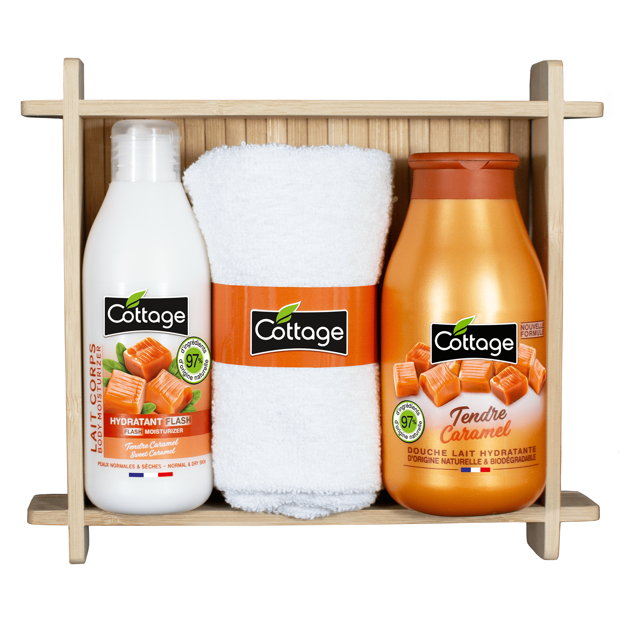 Coffret lait hydratant + gel douche caramel + serviette