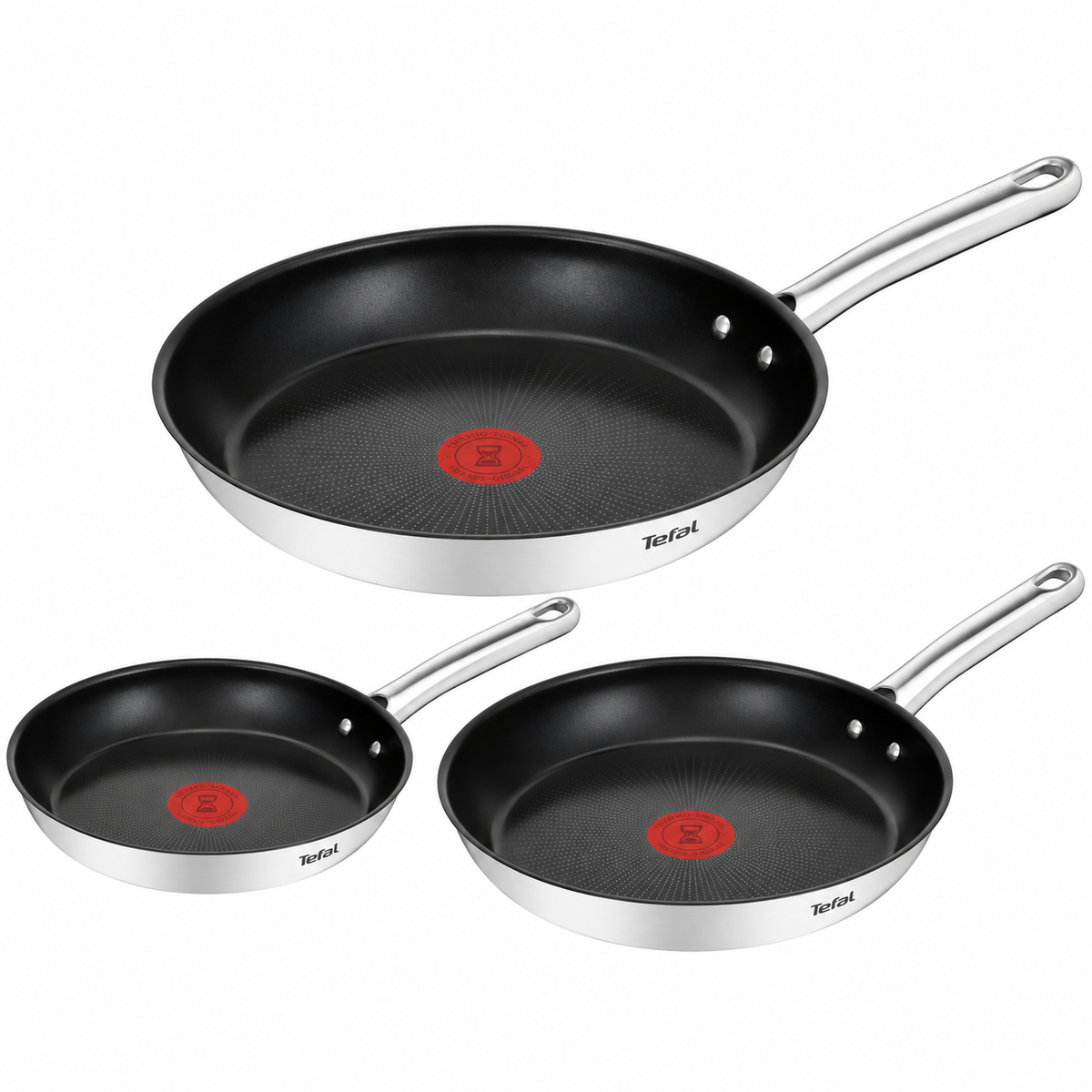 Poêles en inox tous feux dont induction Tefal Duetto – lot de 3, Ø 20, 24 et 28 cm