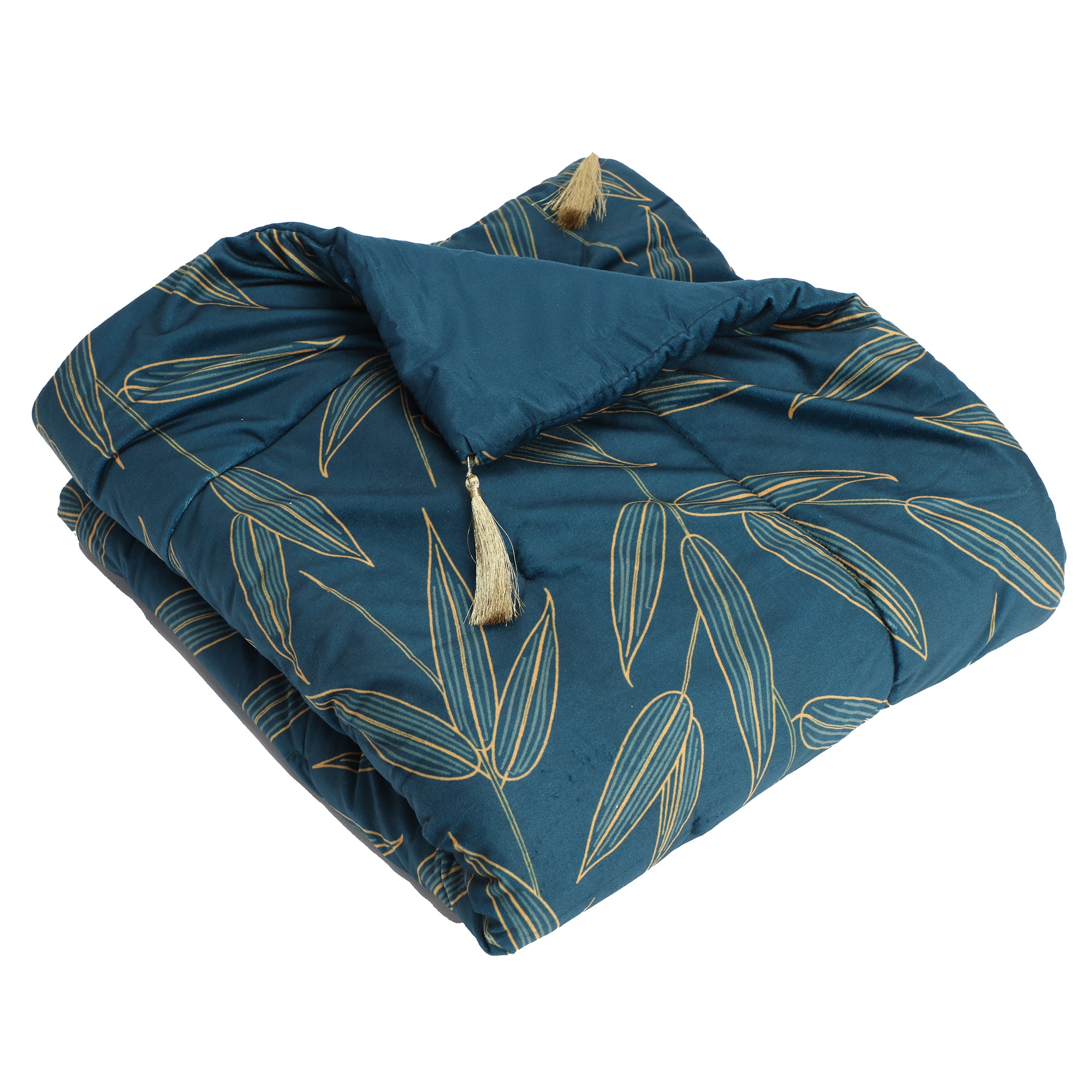 Edredon en velours bleu imprimé feuillage