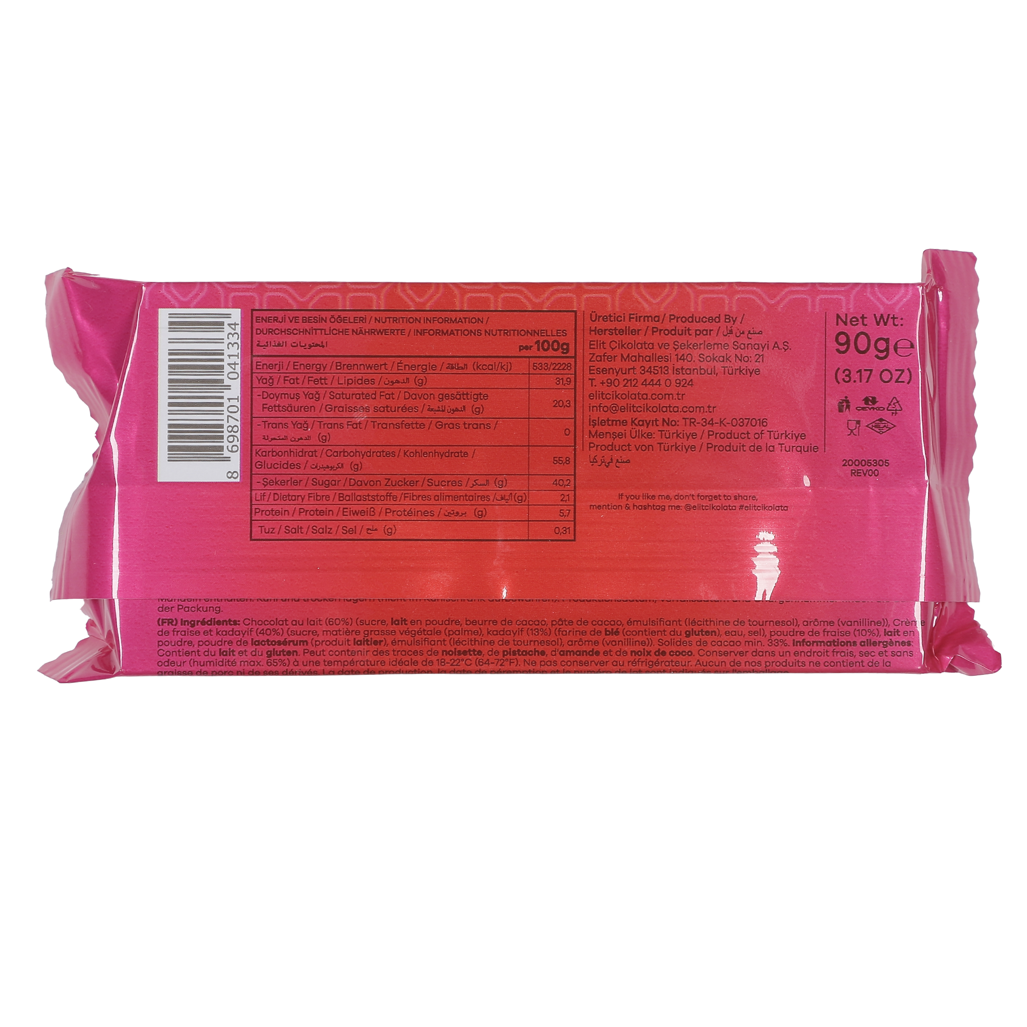 Tablette de chocolat de Dubaï fraise et kadaif