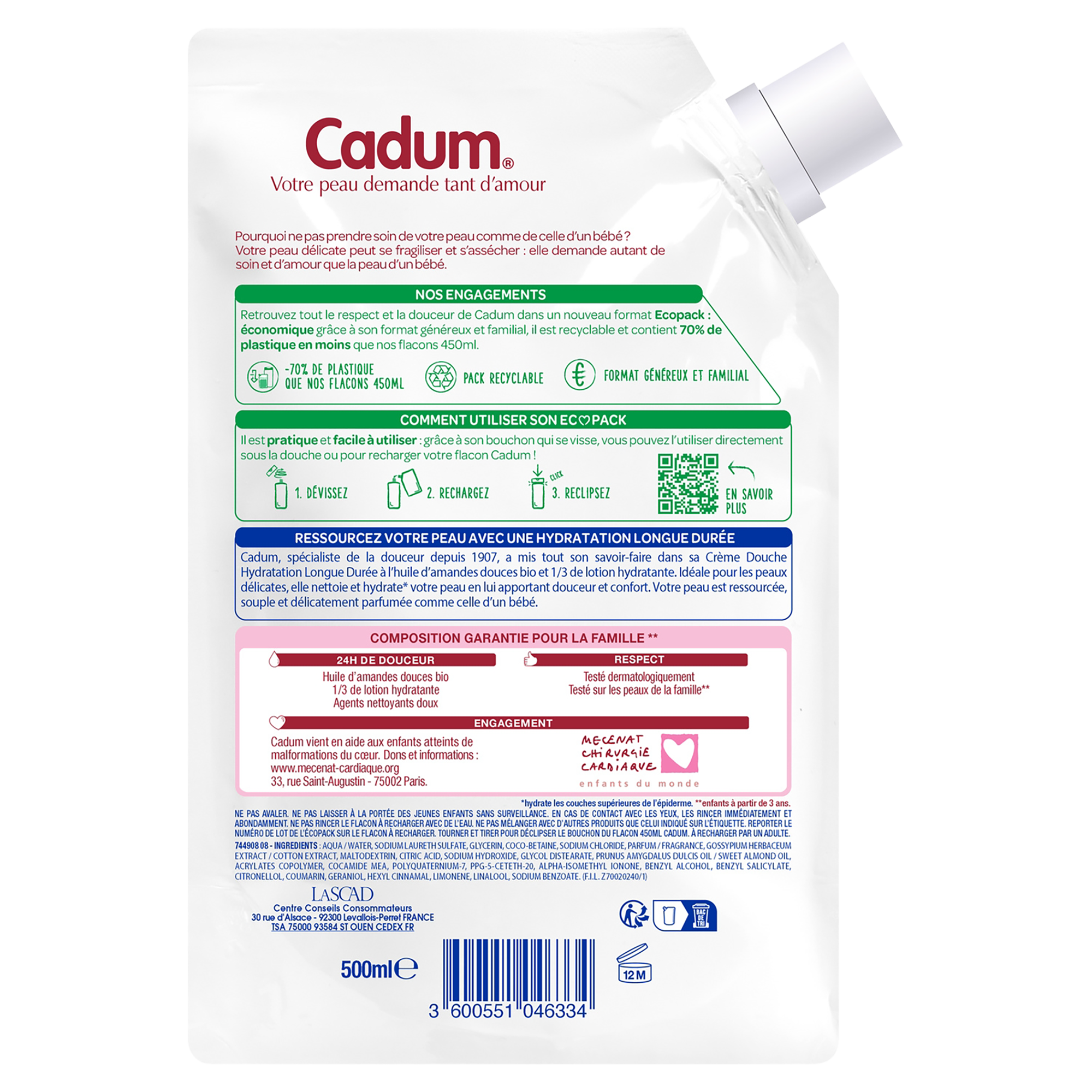 Recharge écopack crème de douche Cadum hydratation longue durée