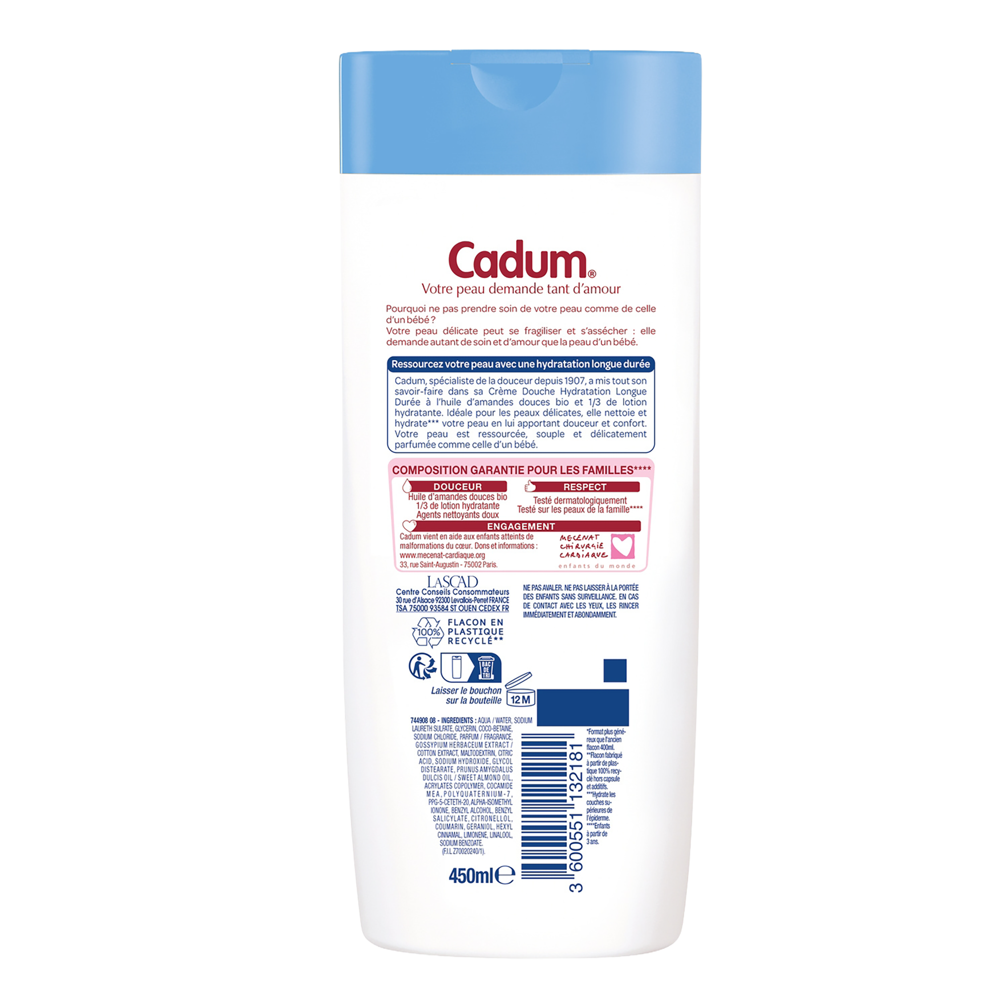 Crème de douche Cadum hydratation longue durée peaux sèches