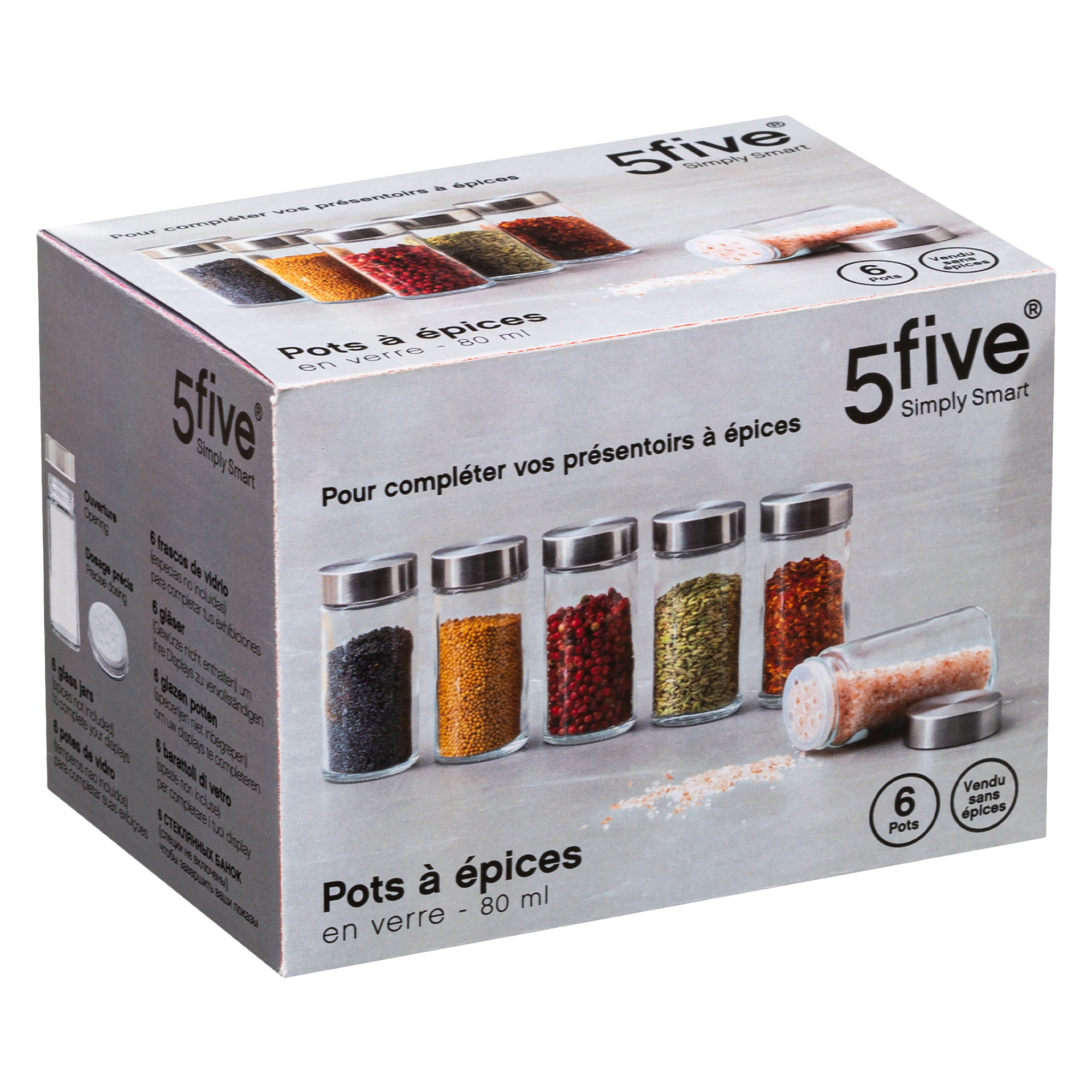 6 pots à épices en verre transparent