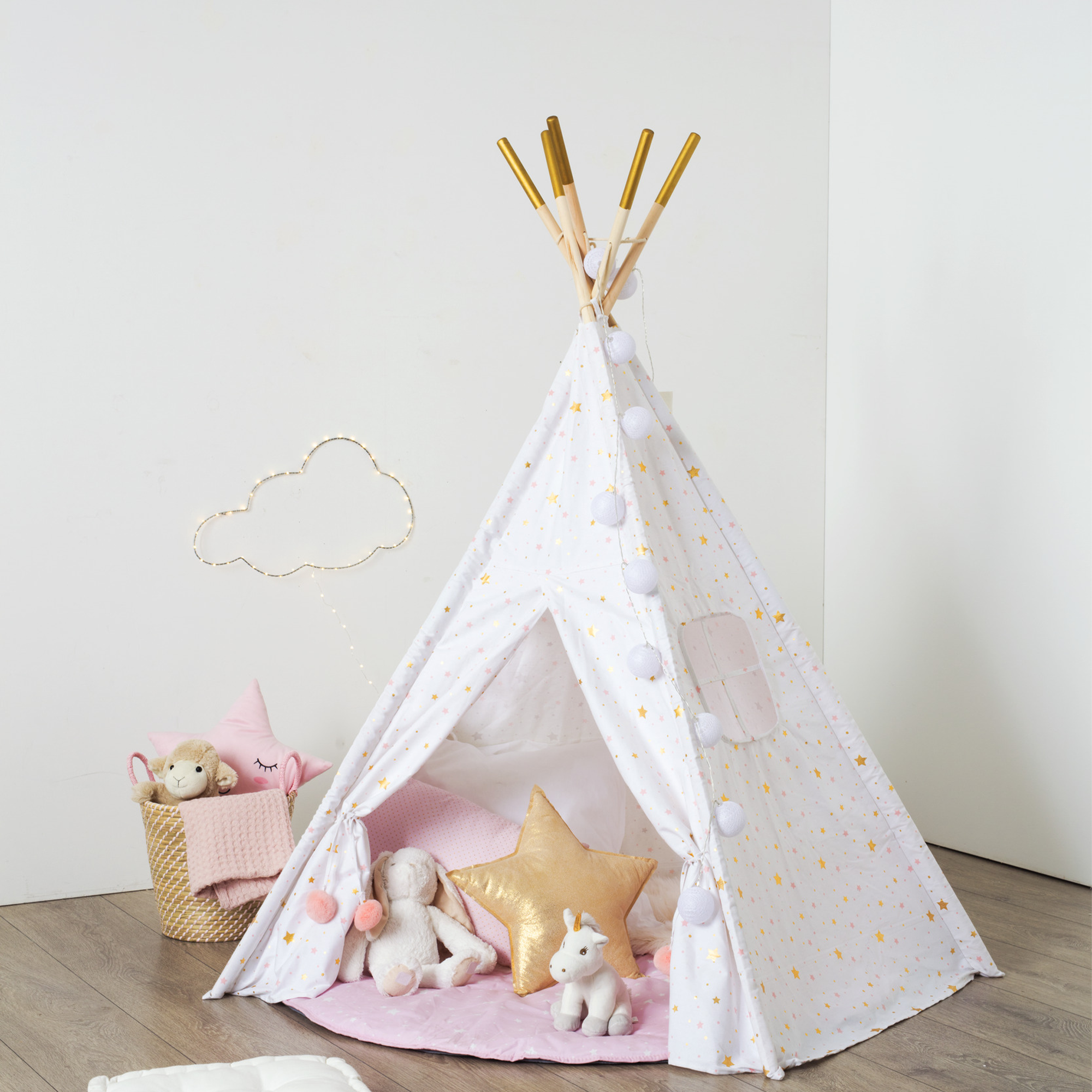 Tipi enfant toile blanche motif étoiles roses et dorées H 160 Cm