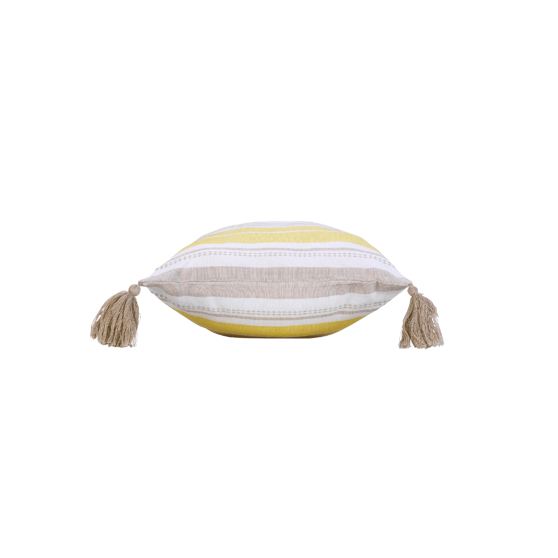 Coussin déhoussable + pompons jaune en coton tissé 30x50cm