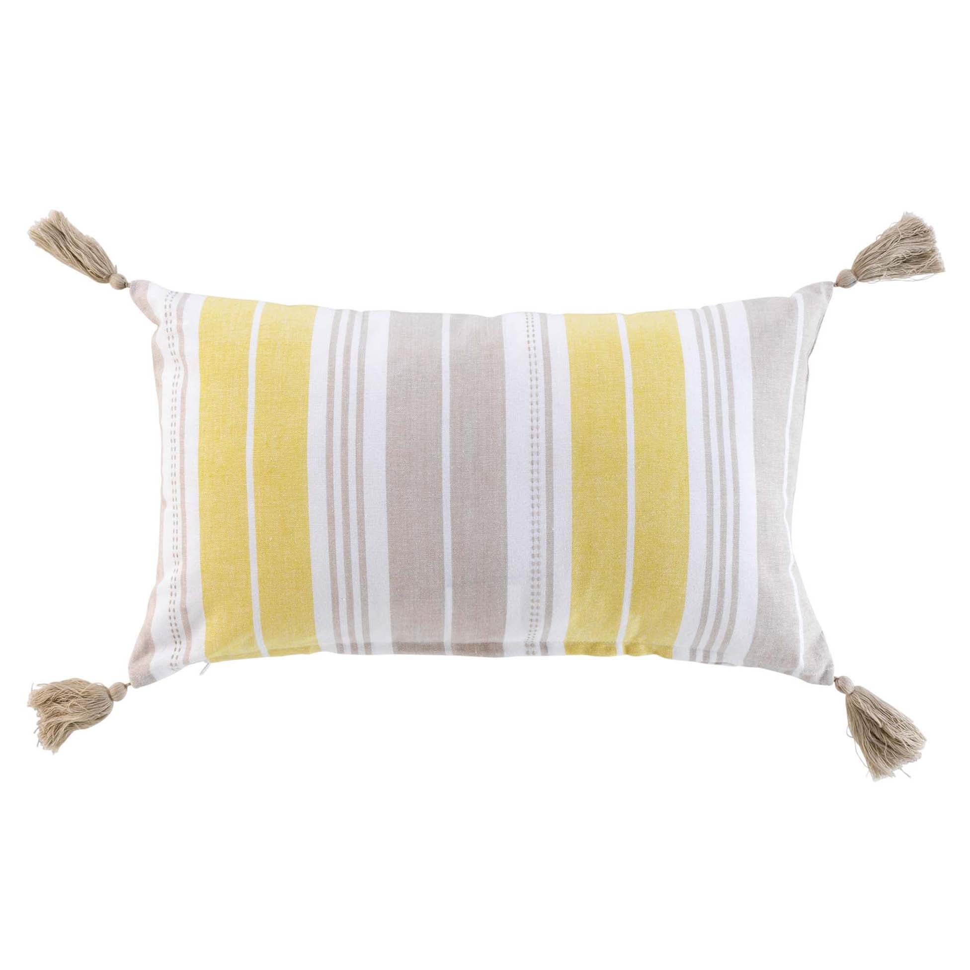 Coussin déhoussable + pompons jaune en coton tissé 30x50cm