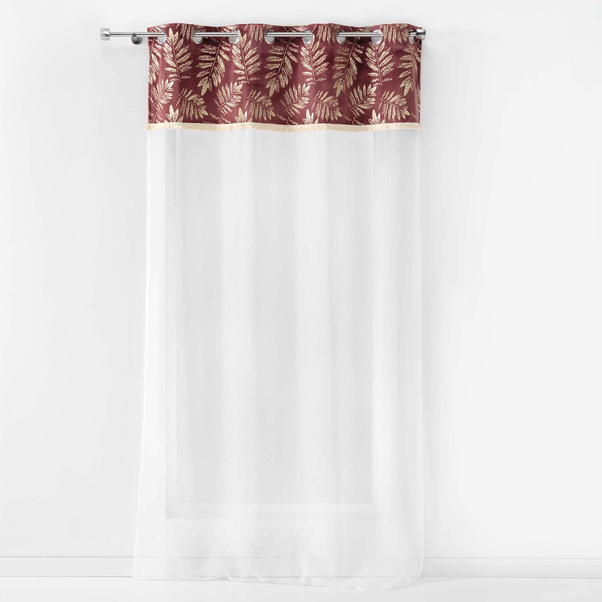 Voilage à œillets 140x240 cm sable et frange avec feuille rose