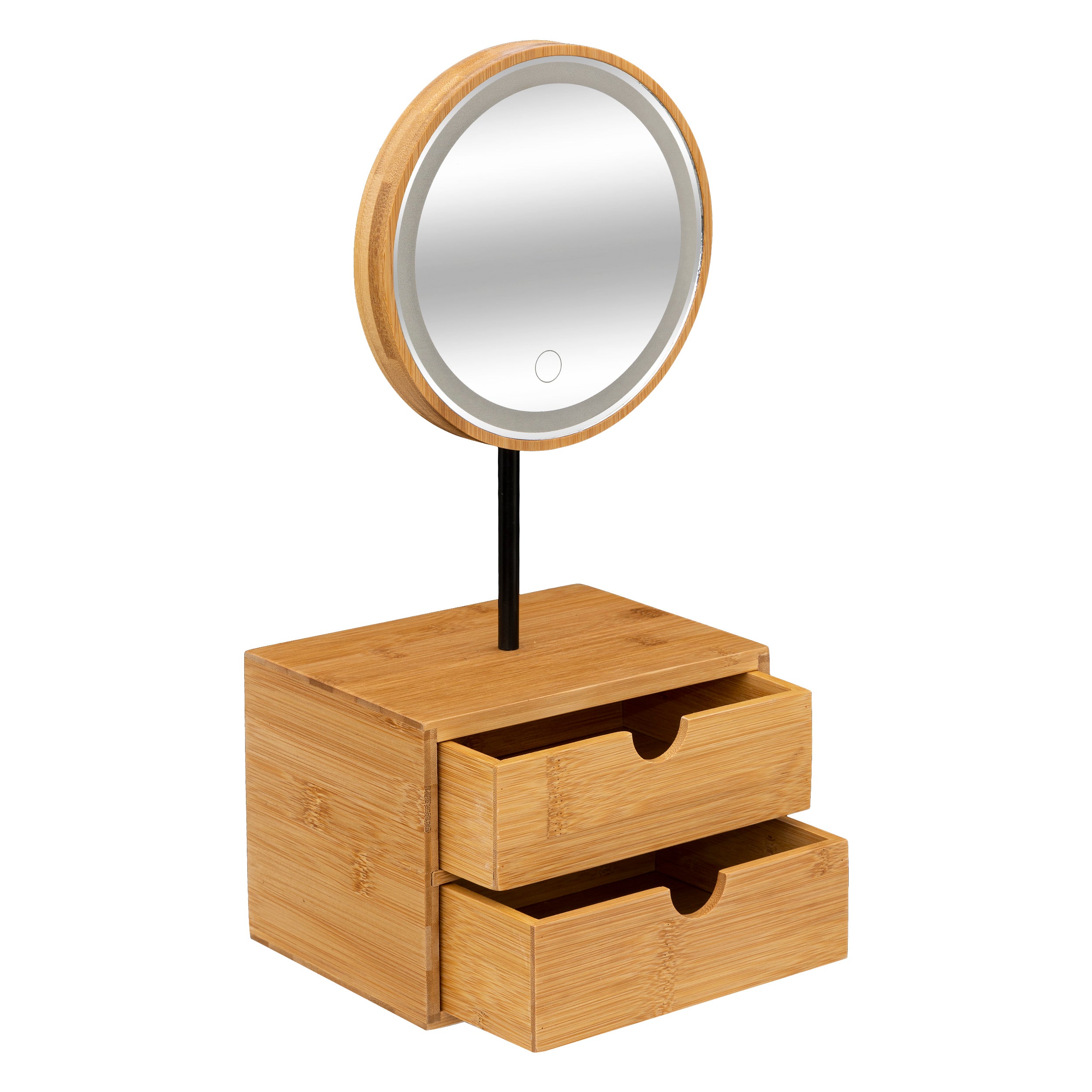 Miroir Led rond pivotant et organisateur 2 tiroirs