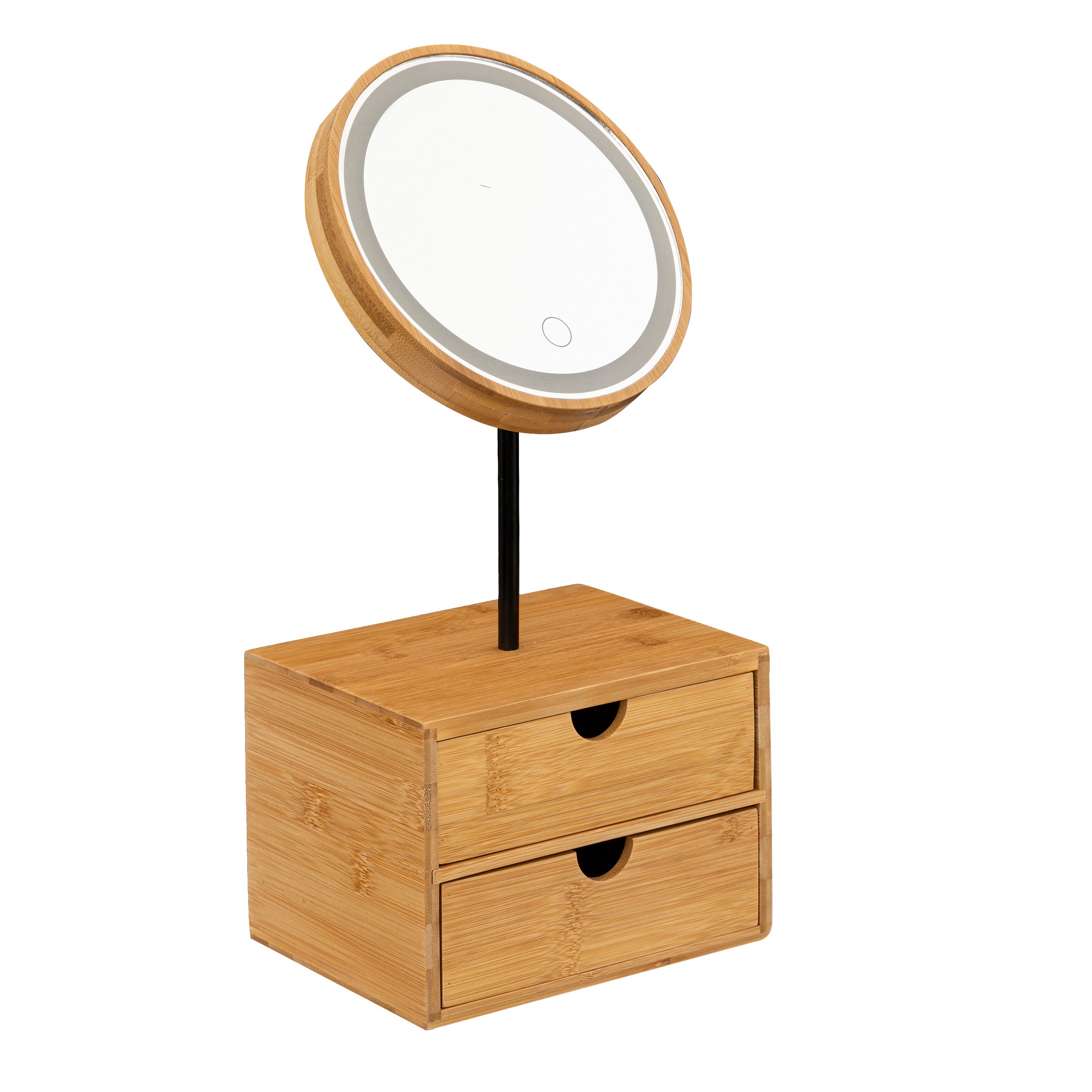 Miroir Led rond pivotant et organisateur 2 tiroirs