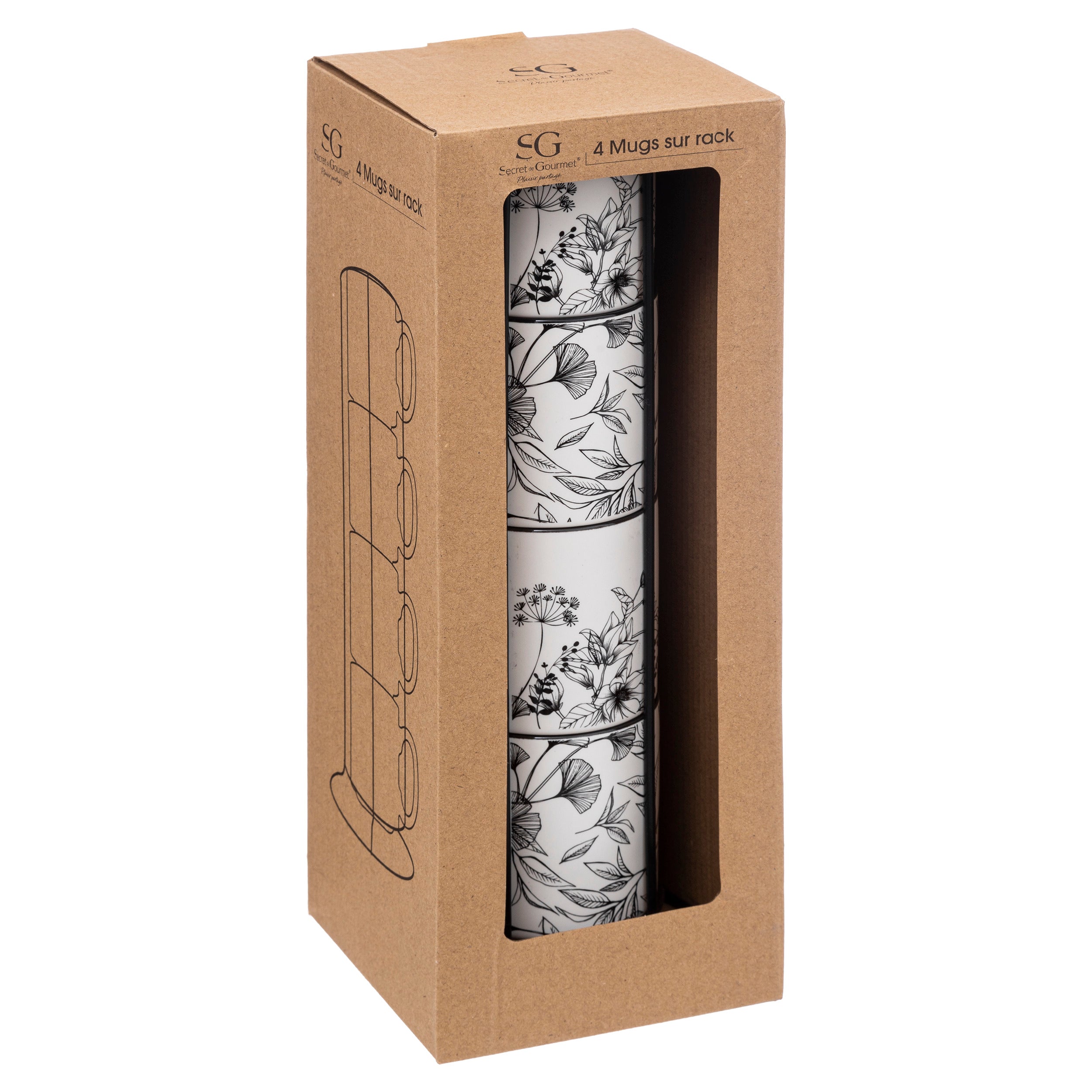 4 Mugs sur rack floral