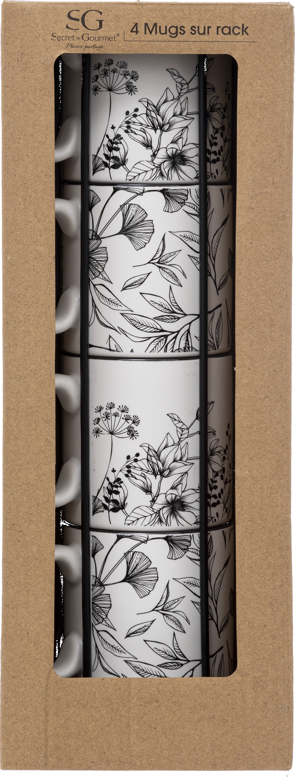 4 Mugs sur rack floral