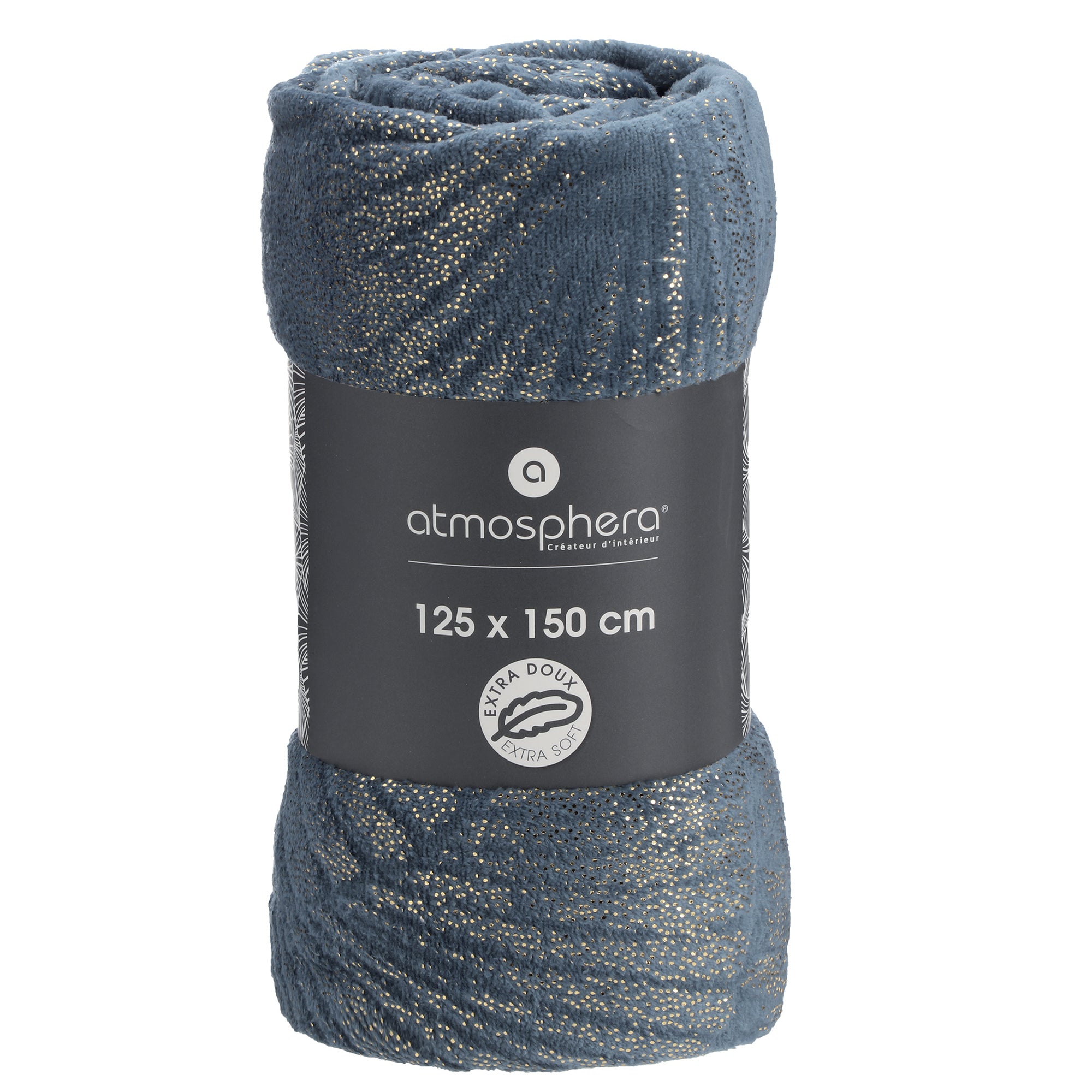 Plaid en flanelle bleu canard et or 125x150cm