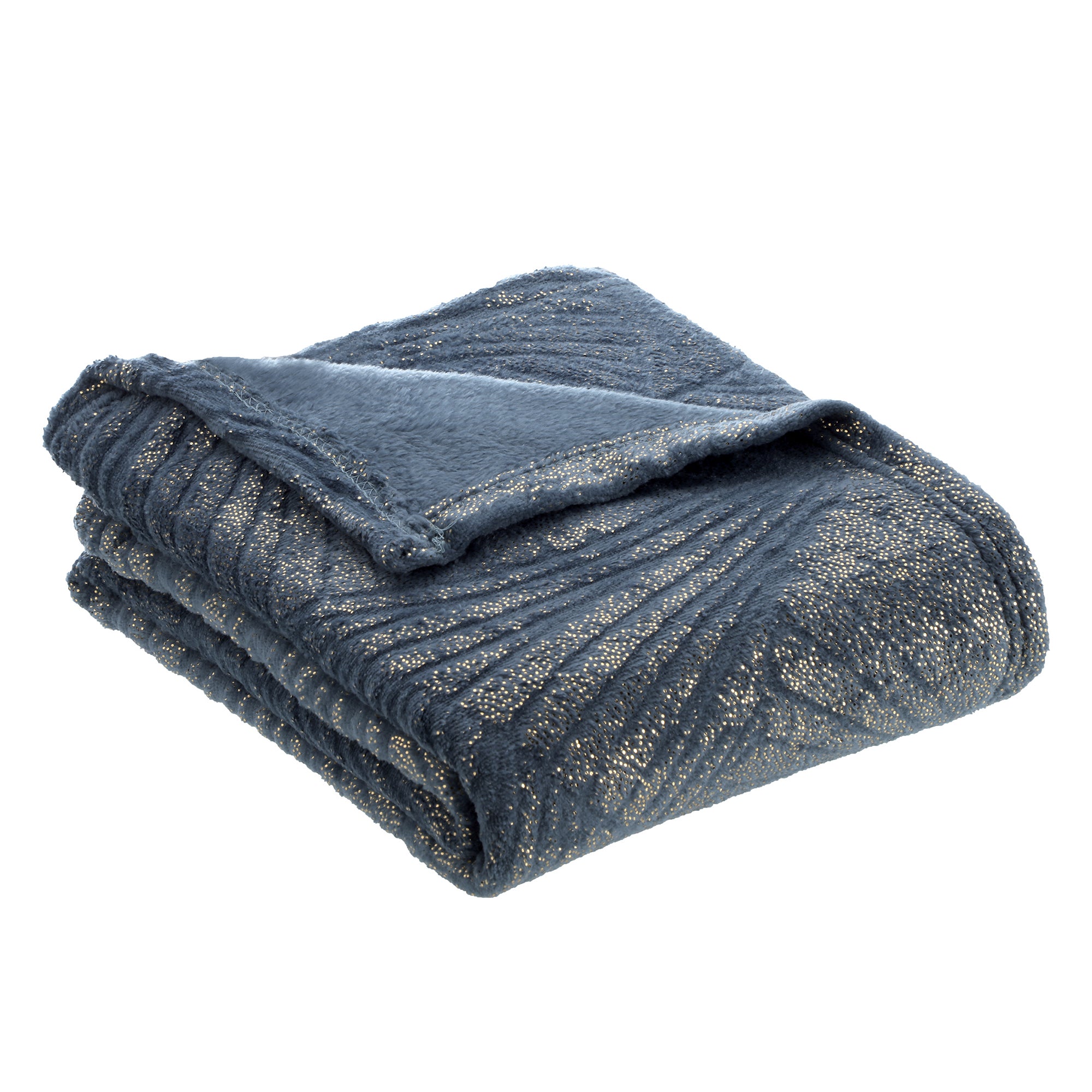 Plaid en flanelle bleu canard et or 125x150cm