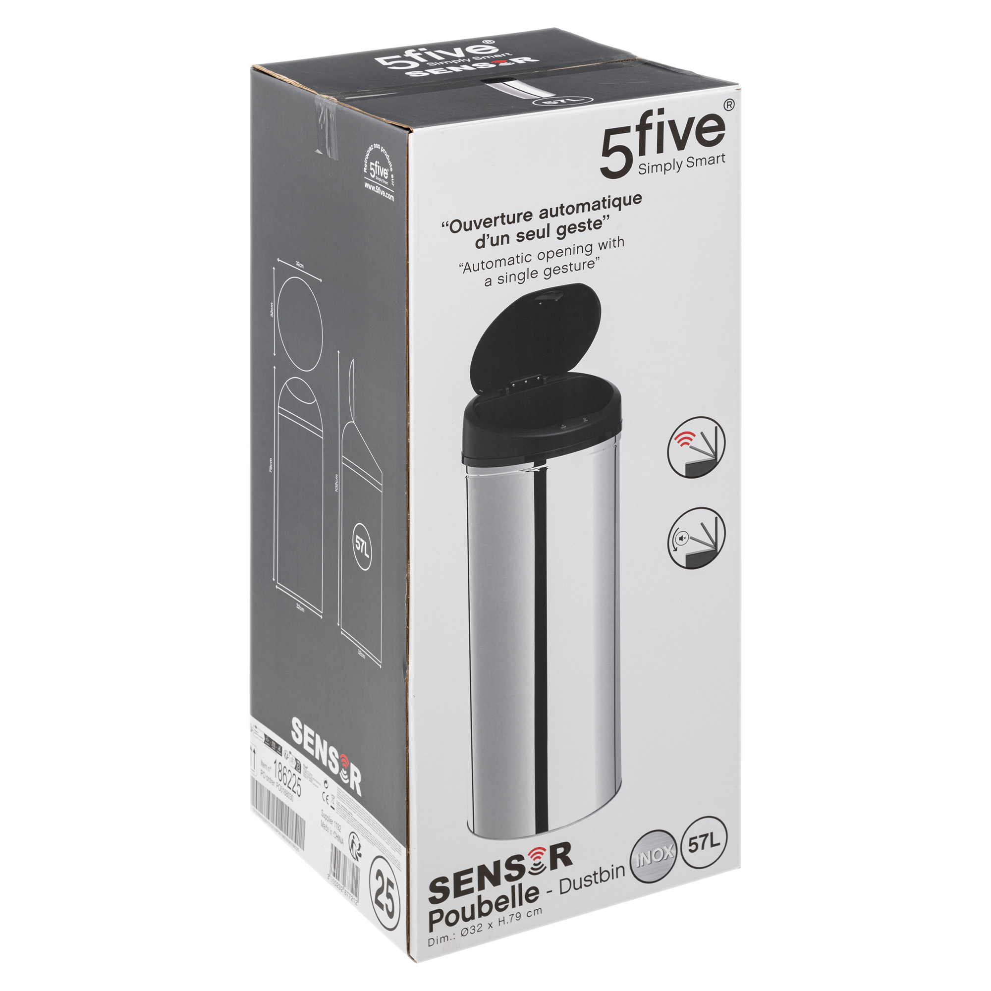Poubelle métal Sensor 57L avec couvercle automatique