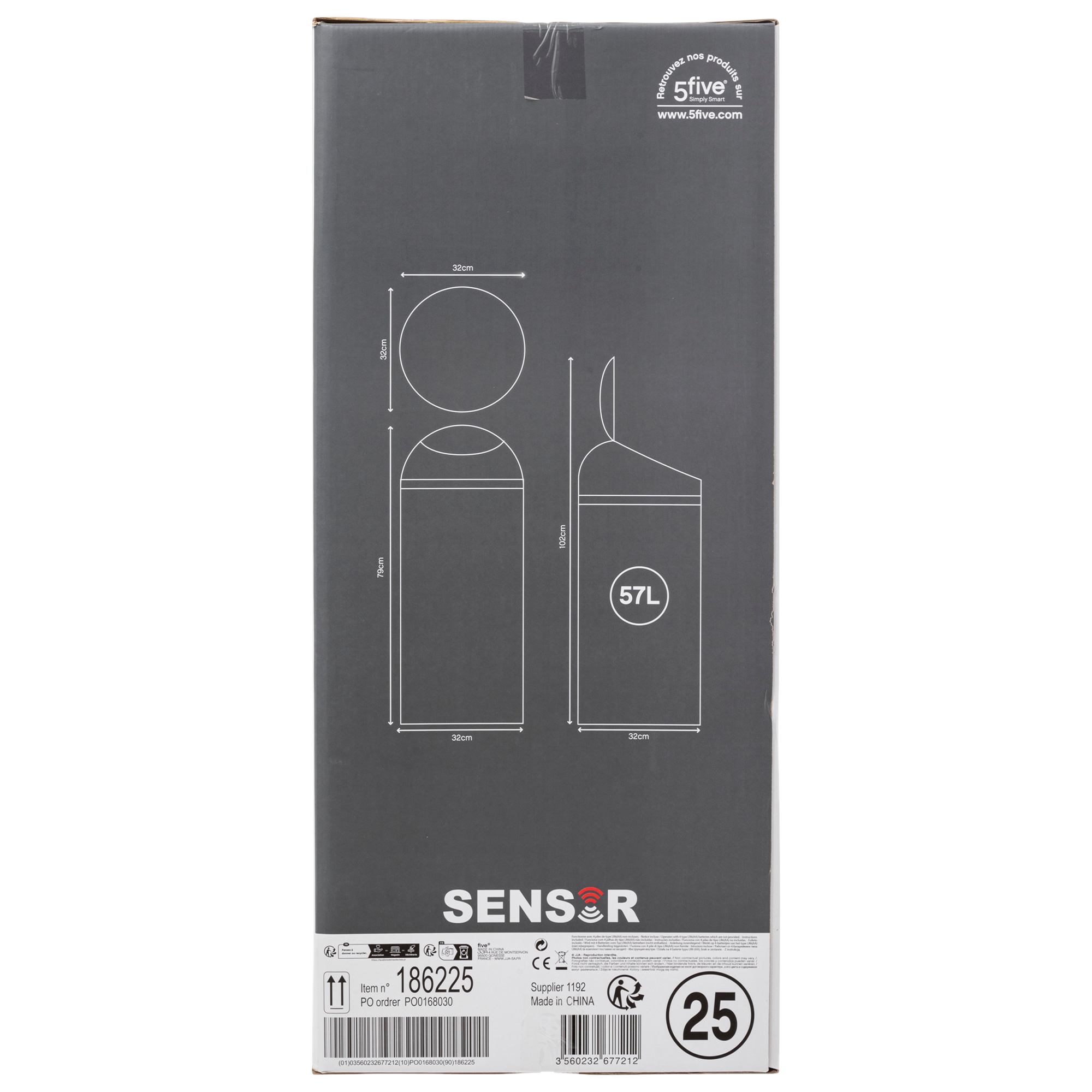 Poubelle métal Sensor 57L avec couvercle automatique