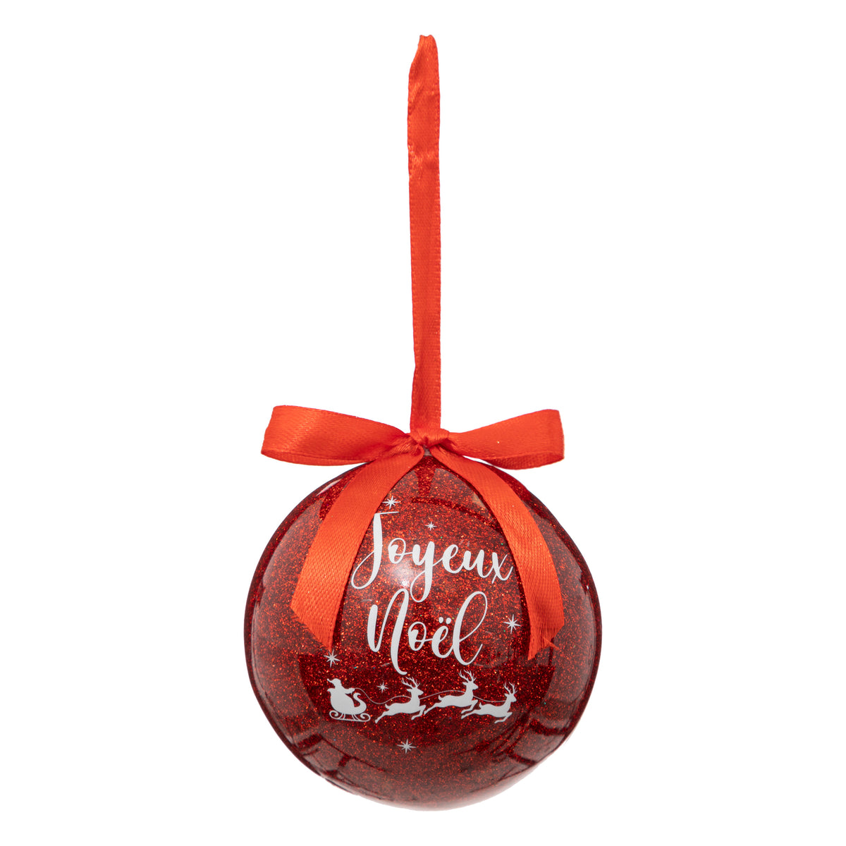 Boule de Noël pailletée rouge avec inscription « Joyeux Noël » 75 mm