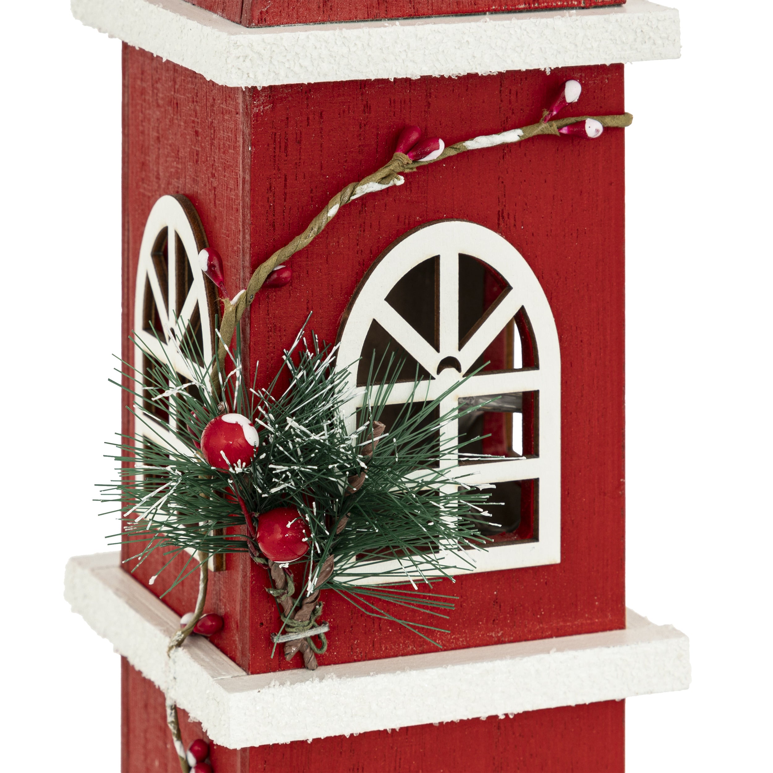 Clocher de Noël Lumineux Rouge Traditionnel en bois 49 cm