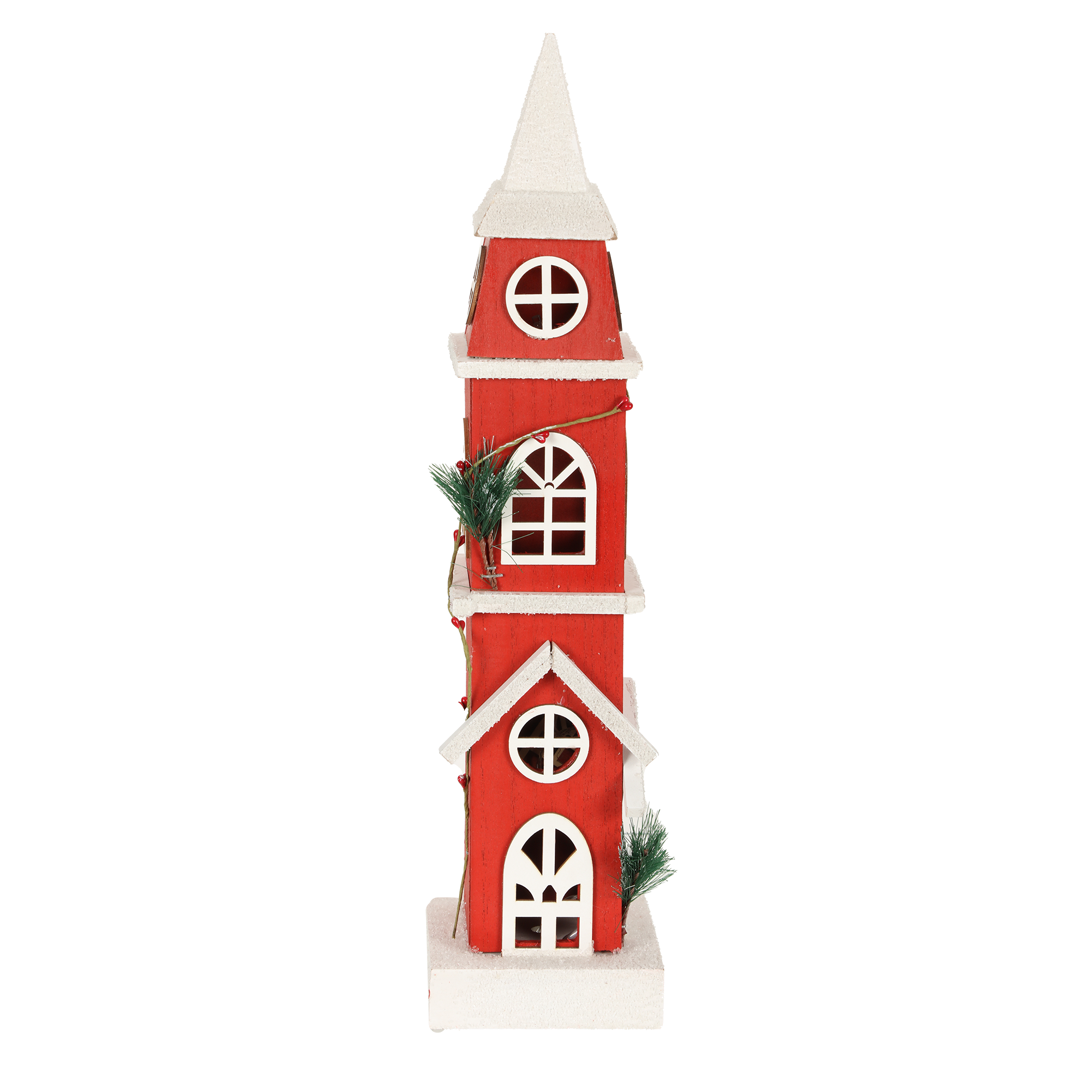 Clocher de Noël Lumineux Rouge Traditionnel en bois 49 cm