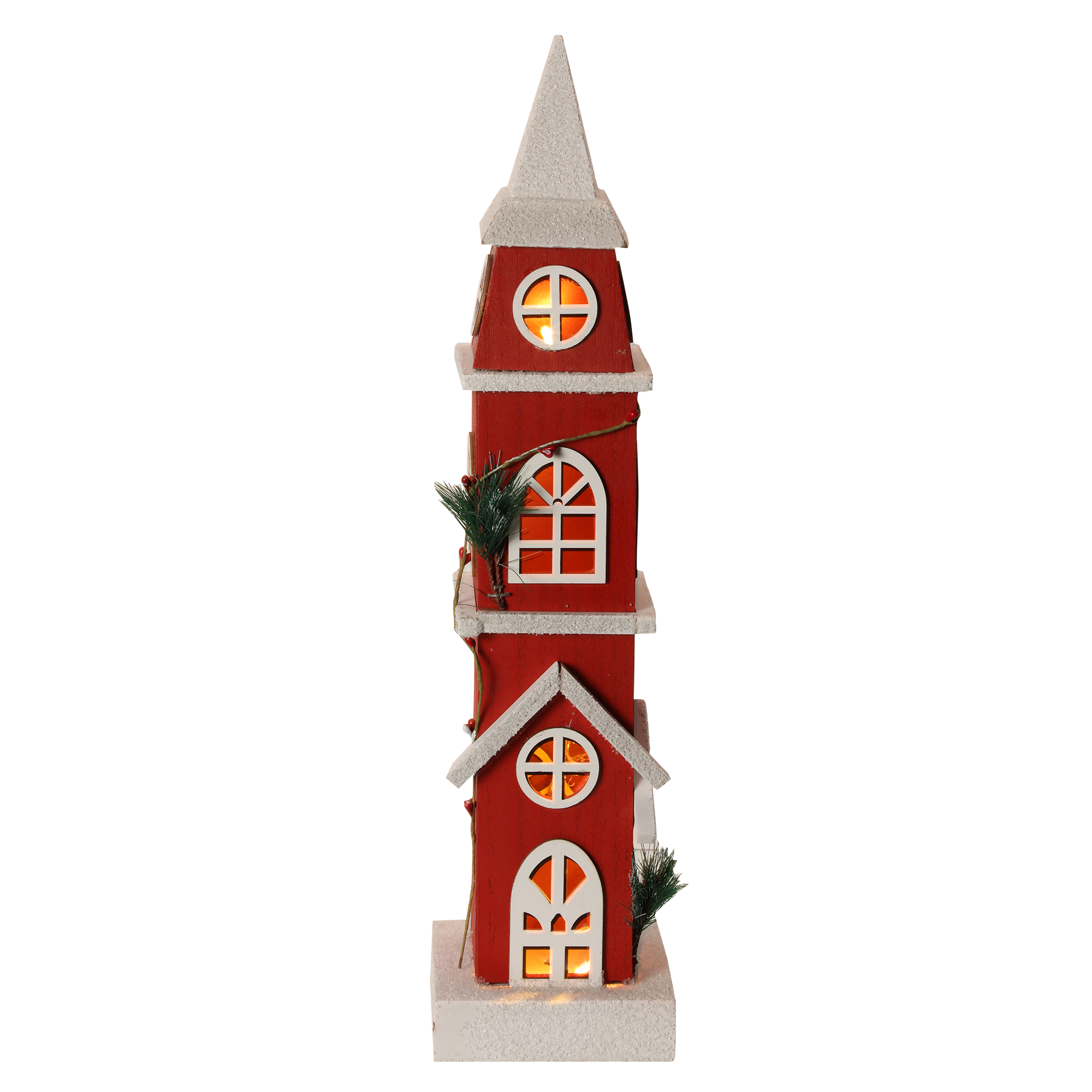 Clocher de Noël Lumineux Rouge Traditionnel en bois 49 cm