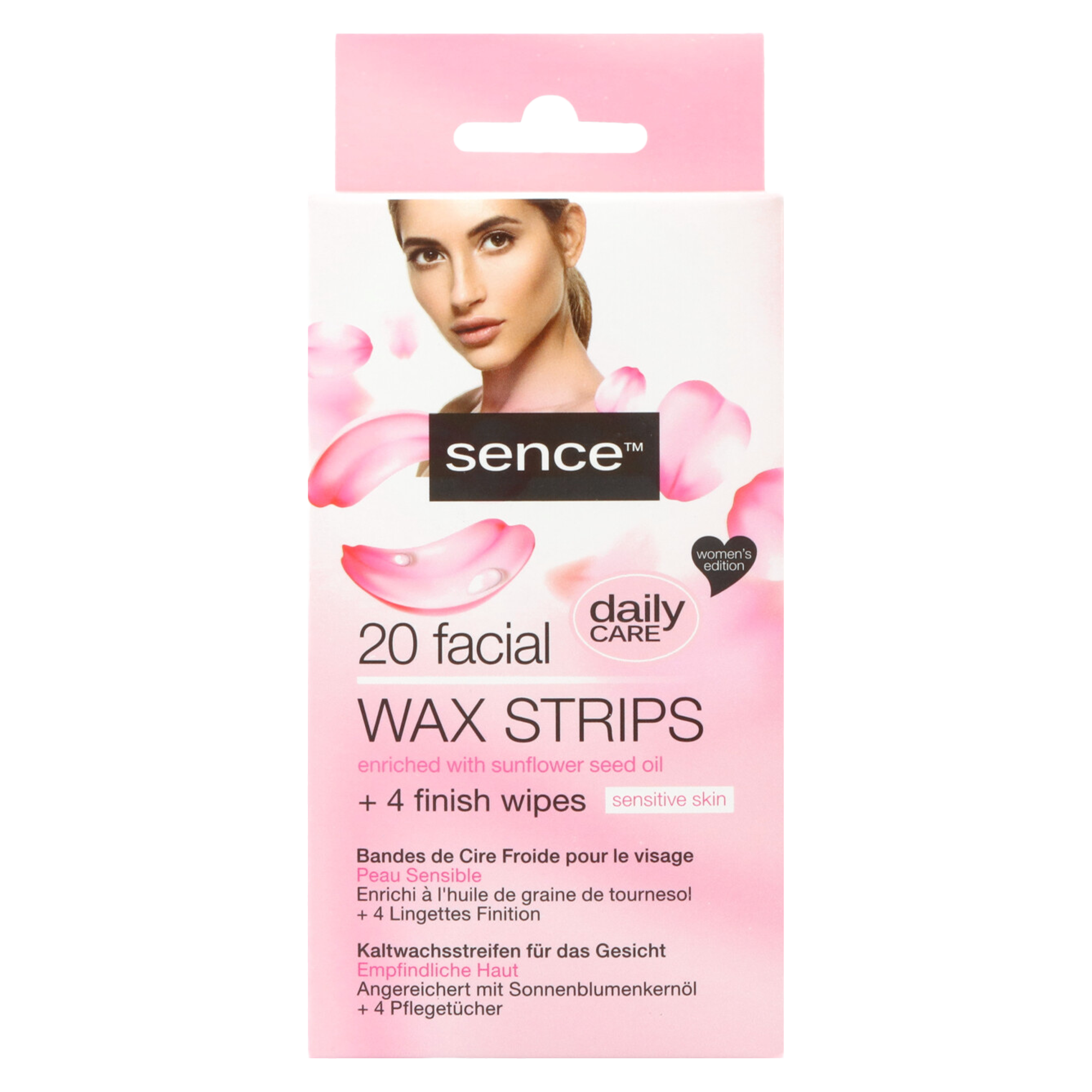 20 bandes de cire visage + 4 lingettes de finition sensitive skin