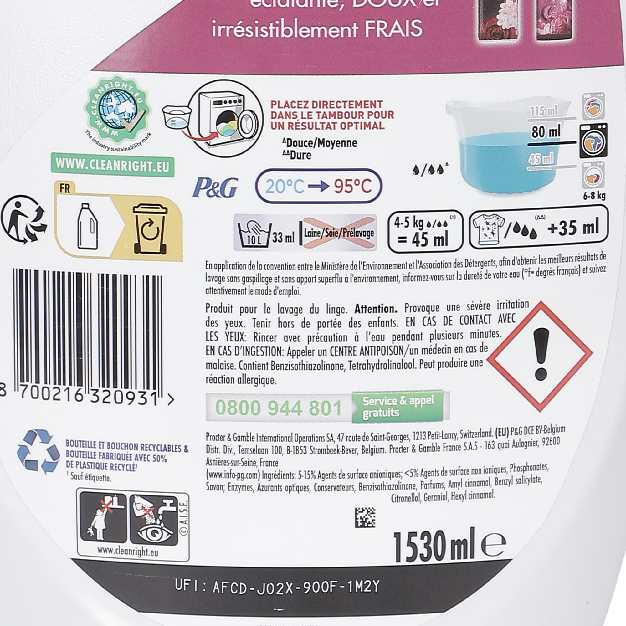 34 doses de lessive liquide Jasmin et rose de mai