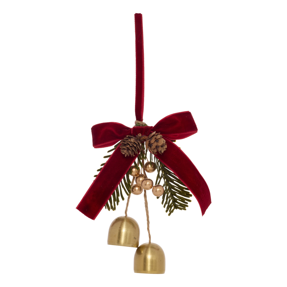 Suspension de Noël cloche dorée avec nœud rouge 15 cm