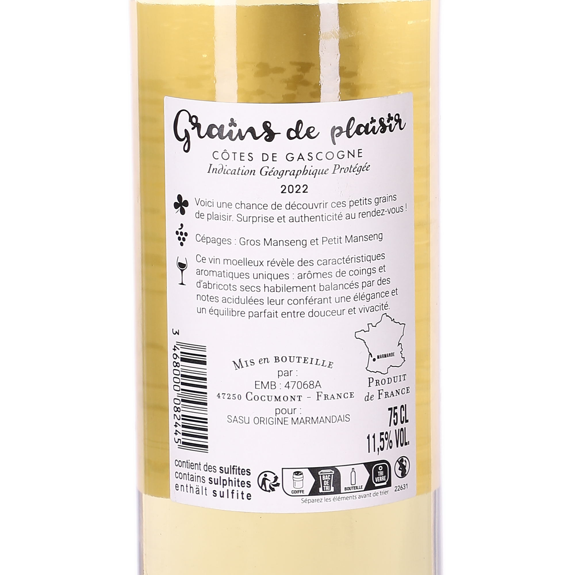 COTES DE GASCOGNE IGP BLANC 11,5%  GRAINS DE PLAISIR MOELLEUX 2022