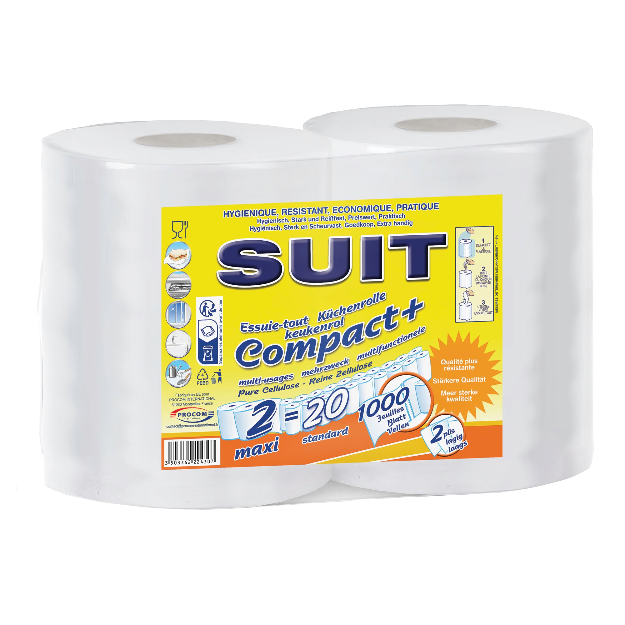 Lot de 2 essuie-tout compact 500 feuilles