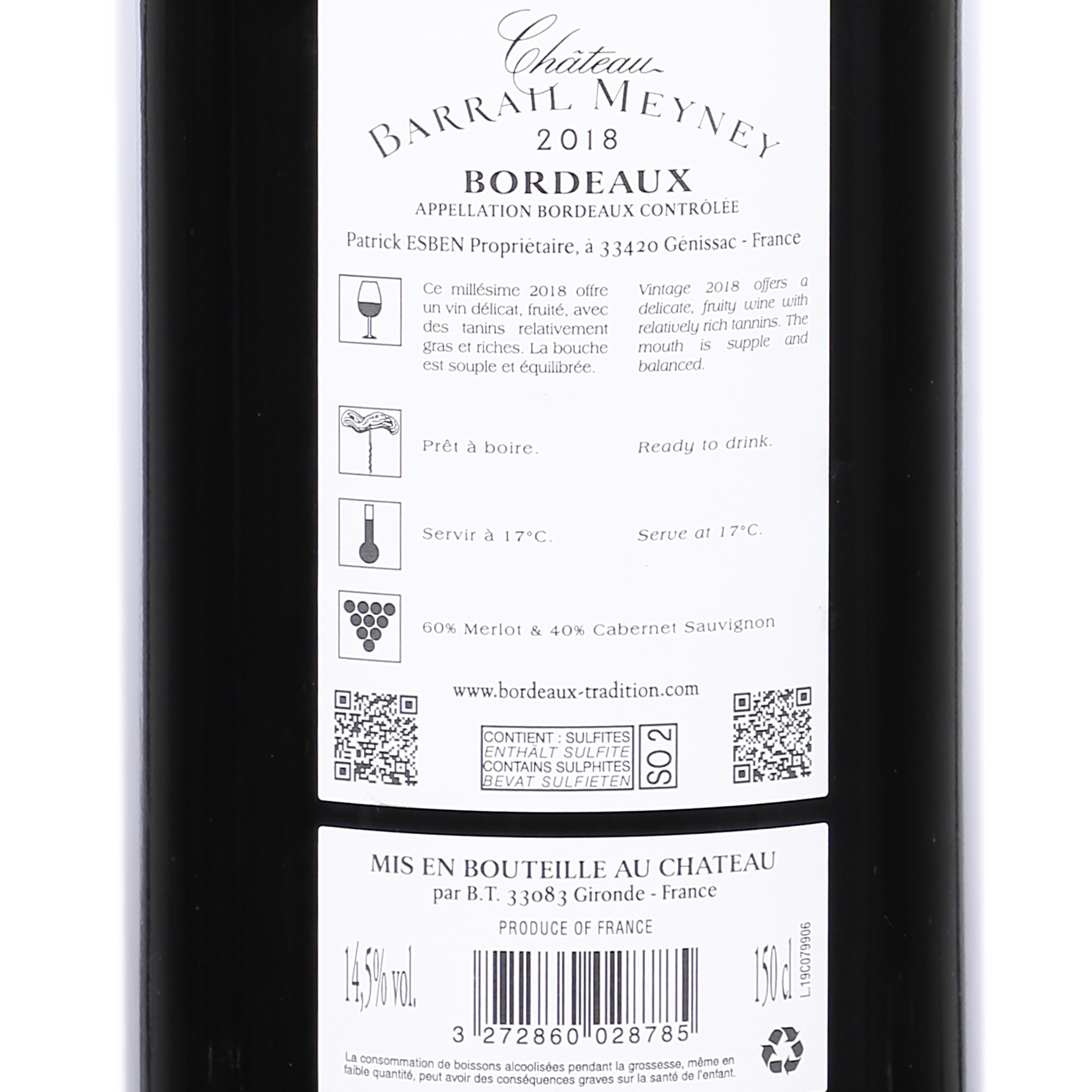 CHATEAU DE BARRAIL NEYNEY AOC BORDEAUX 2018 14,5%