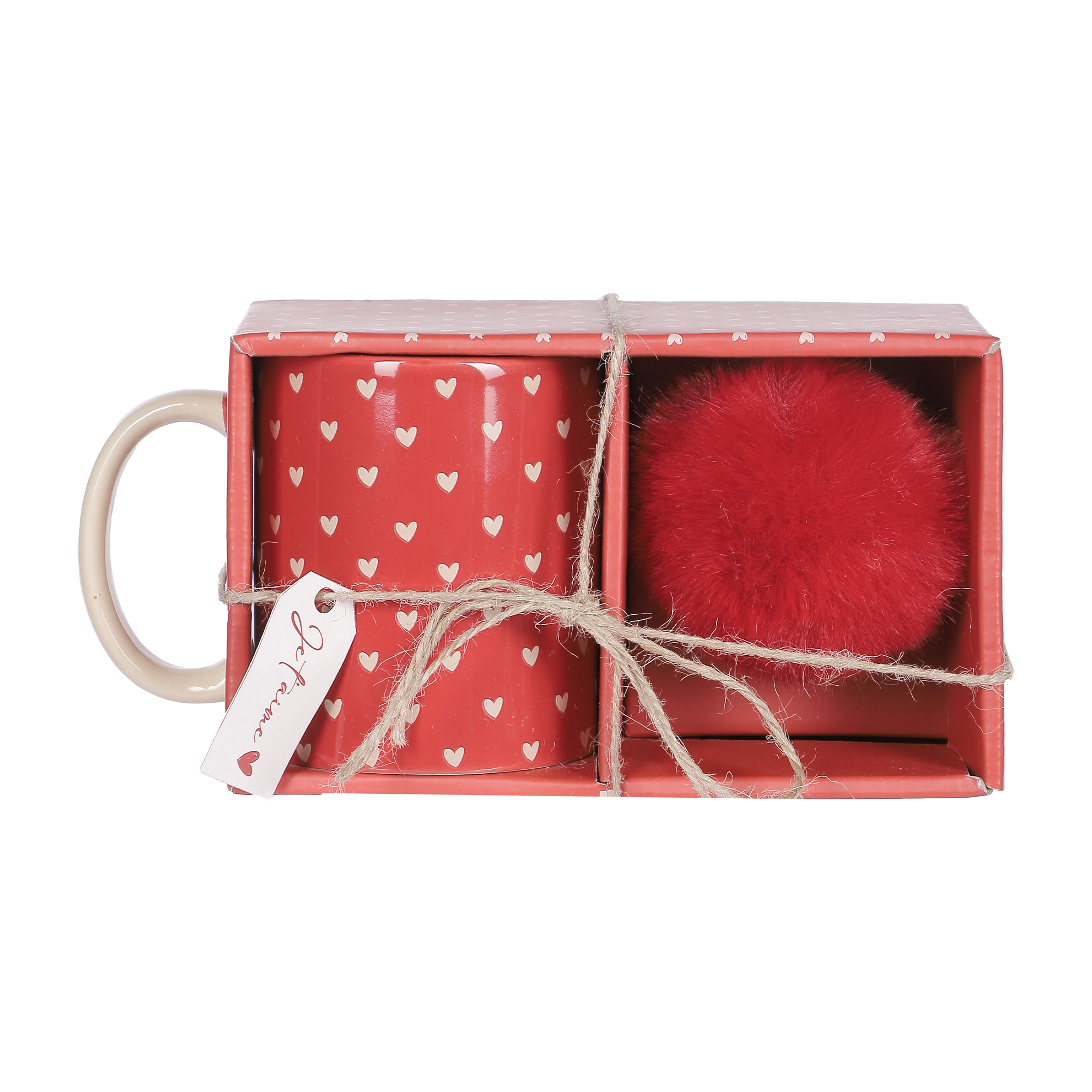 Coffret Mug et porte clés pompon cœur