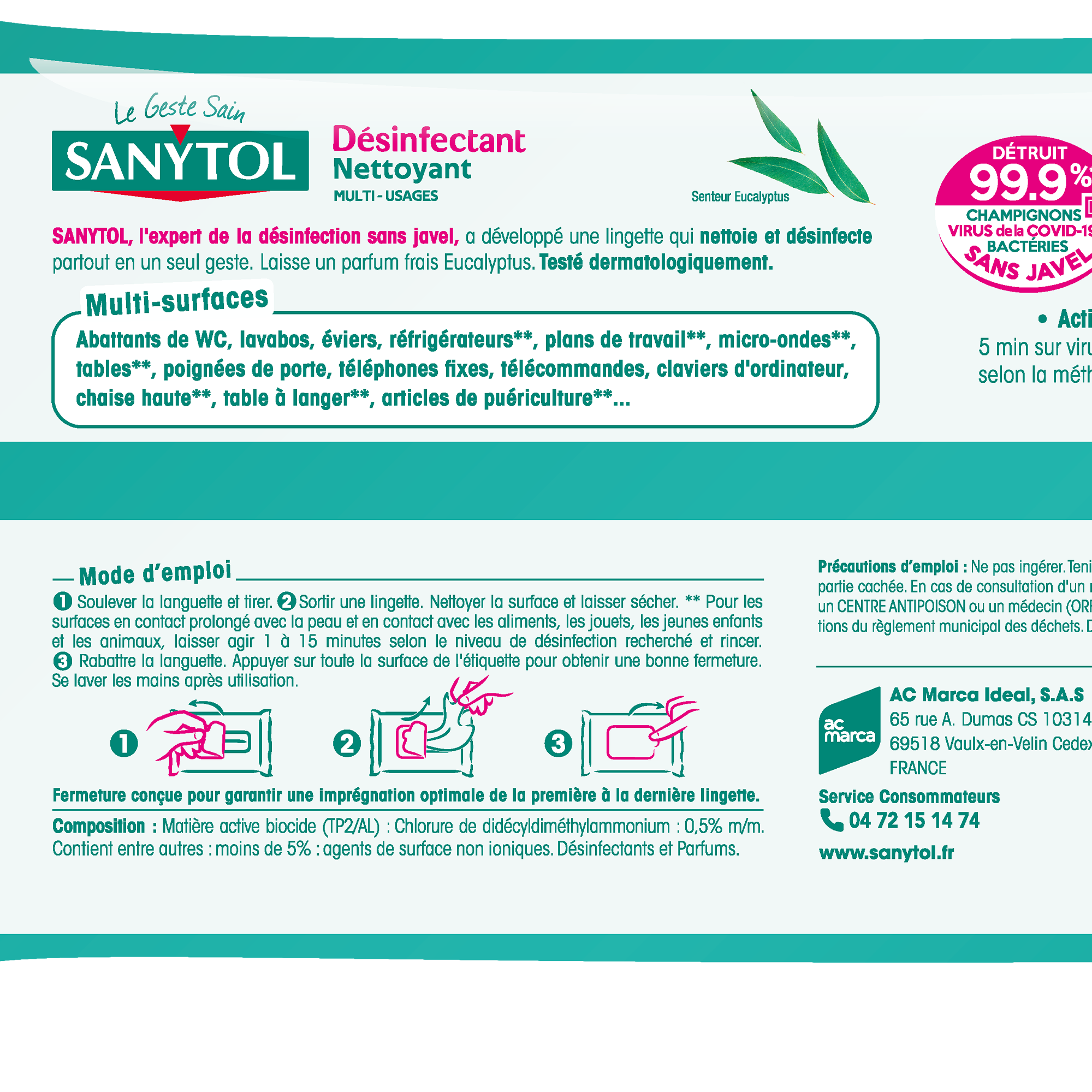72 lingettes désinfectantes eucalyptus