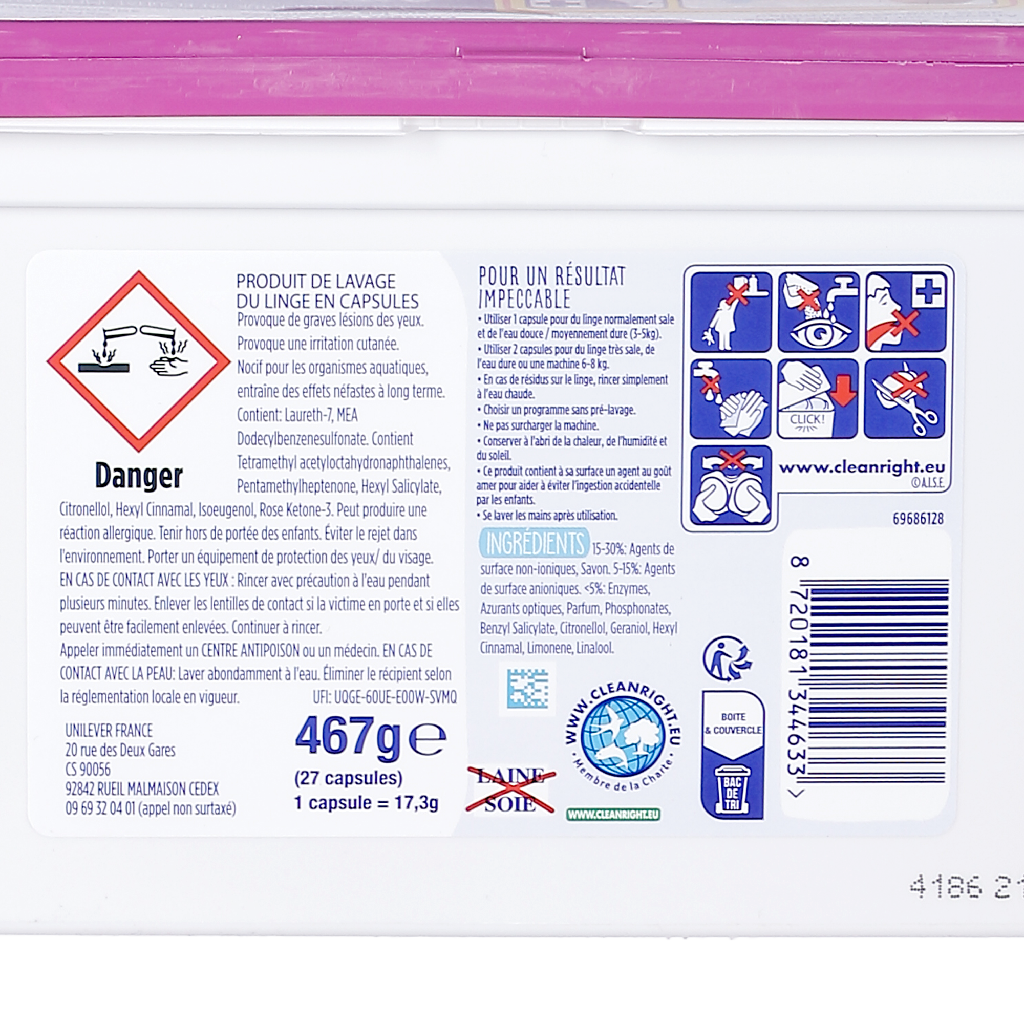 27 capsules de lessive 3 en 1 à la Rose et Lilas blanc