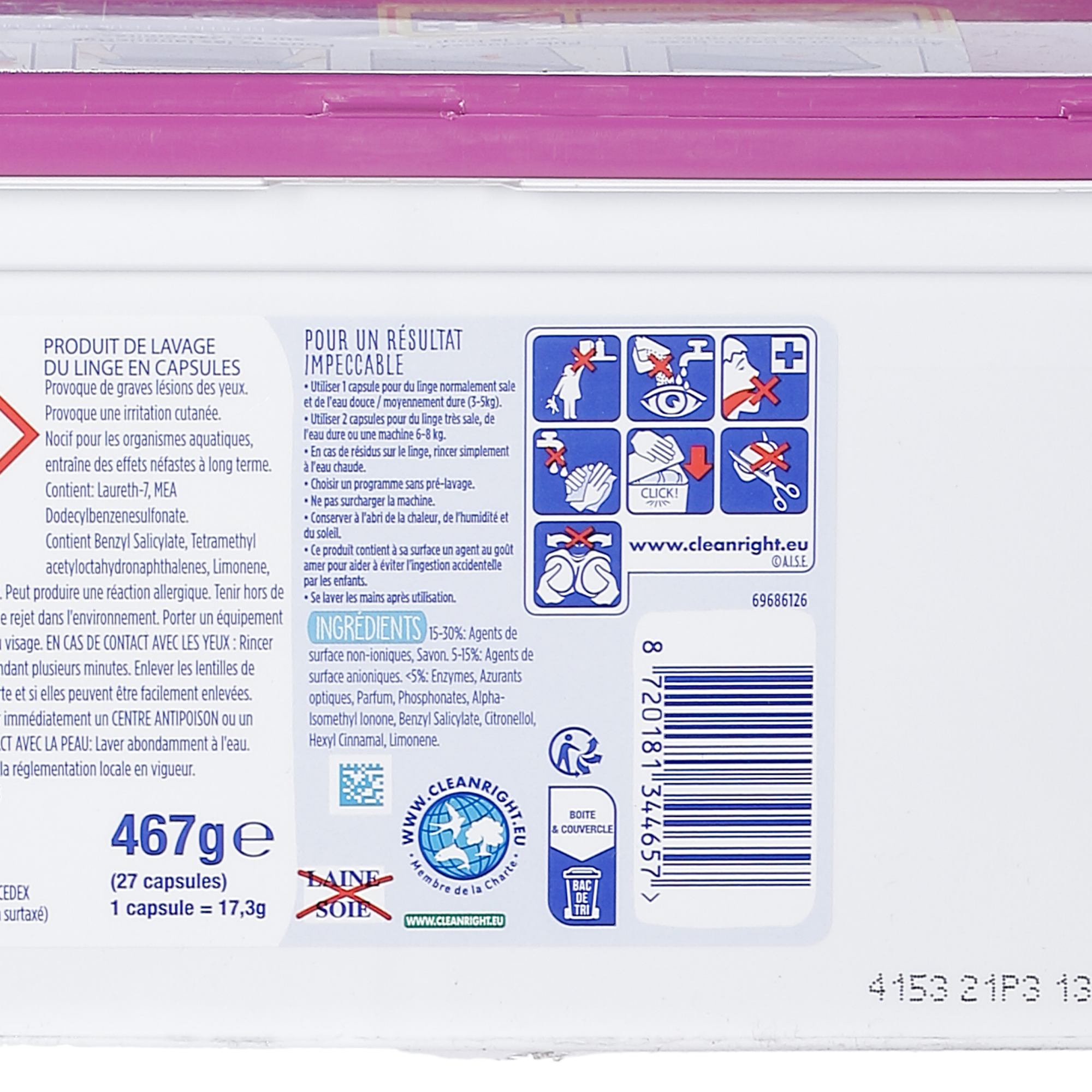 27 capsules de lessive 3 en 1 au Jasmin et Fleur de coton