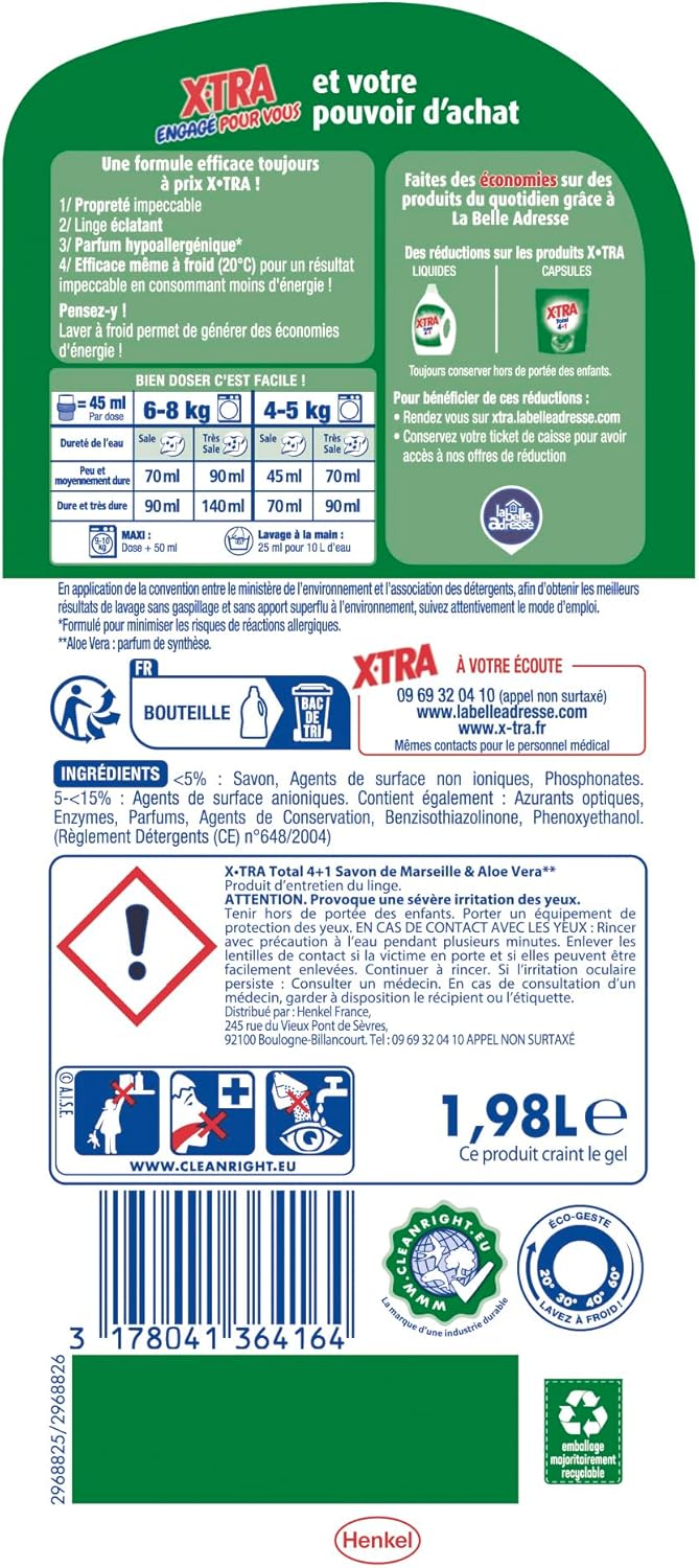 44 doses de lessive liquide Total 4en1 Savon de Marseille et Aloe Vera
