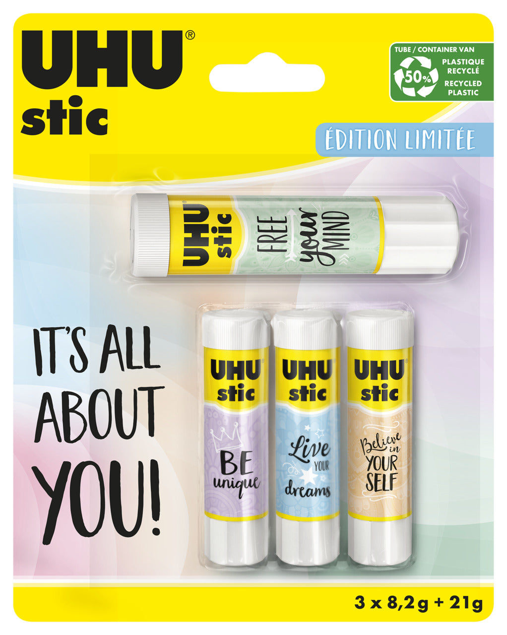 Lot de 3 tubes de colle mini et 1 tube de colle grand format pastel UHU