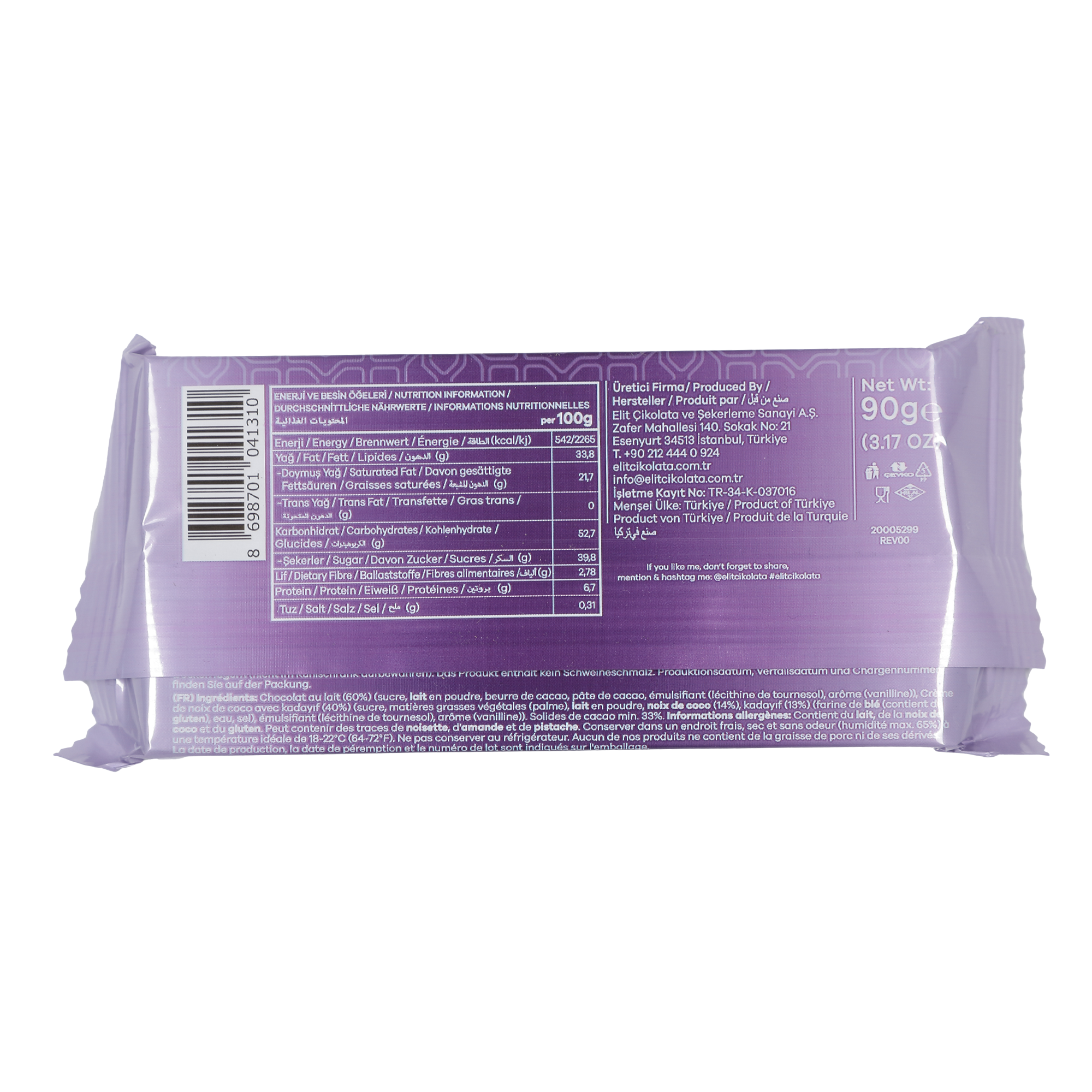 Tablette de chocolat de Dubaï coco et kadaif