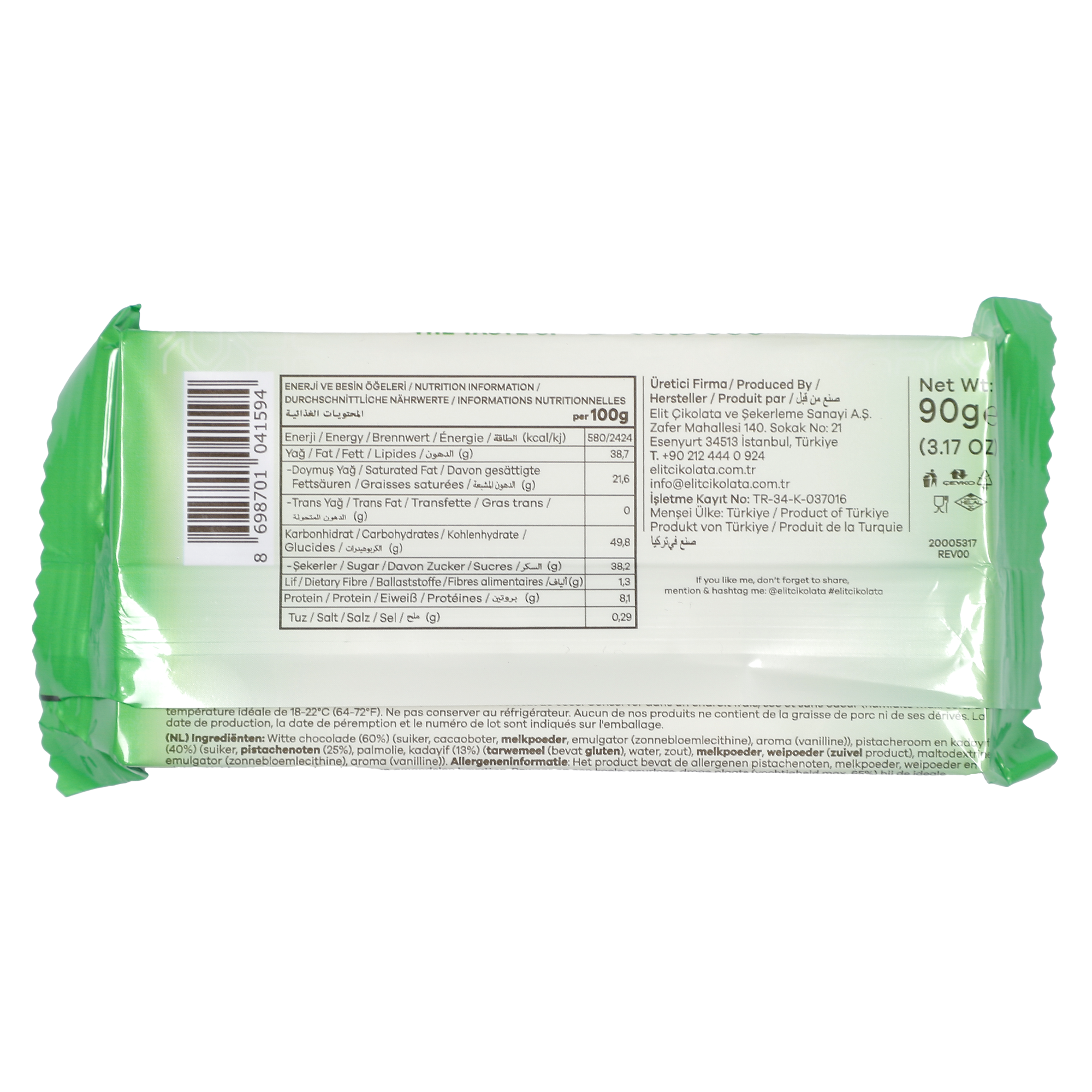 Tablette de chocolat de Dubaï chocolat blanc pistache et kadaif