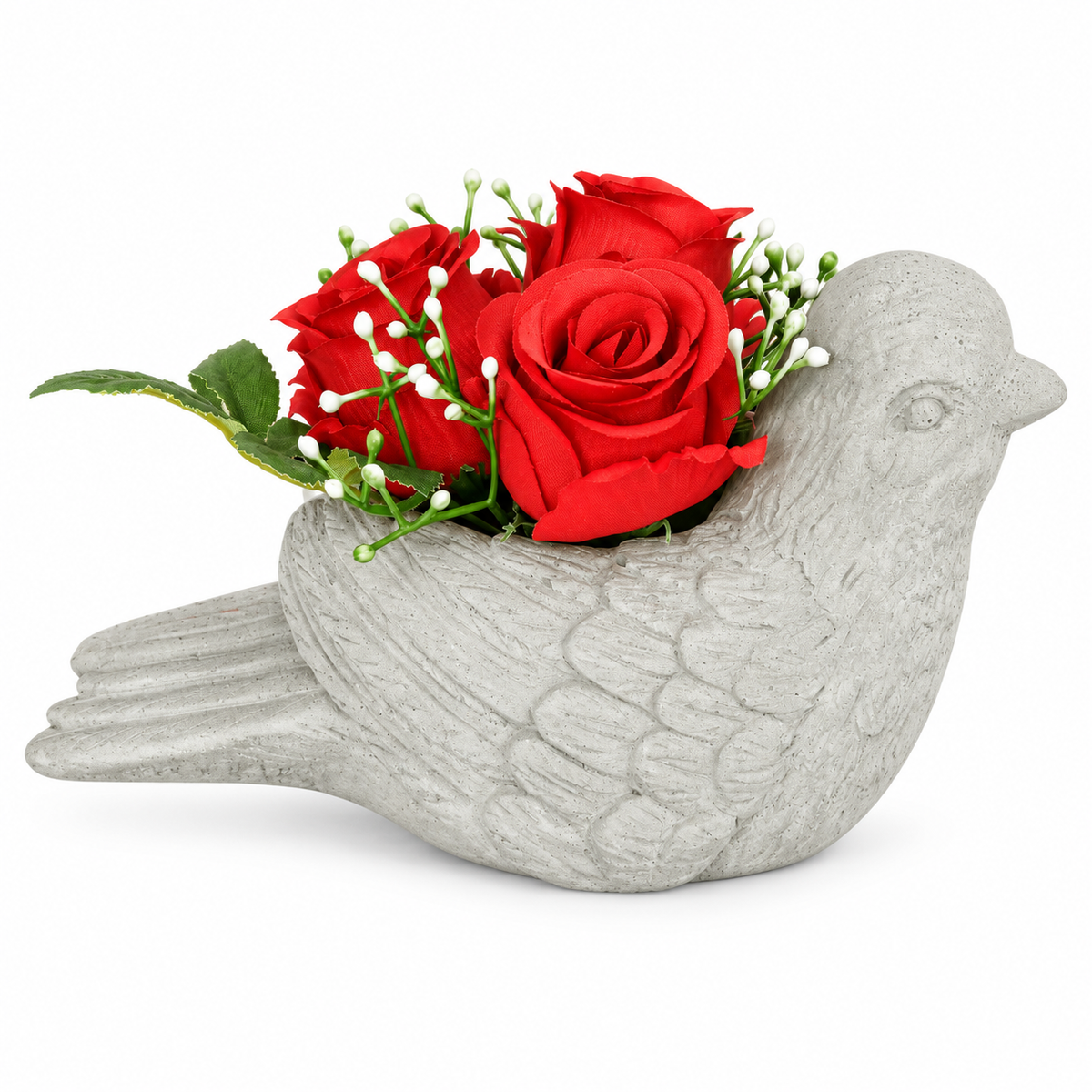 Oiseau en ciment avec roses rouges et blanches – 22 × 10,5 × H. 12 cm