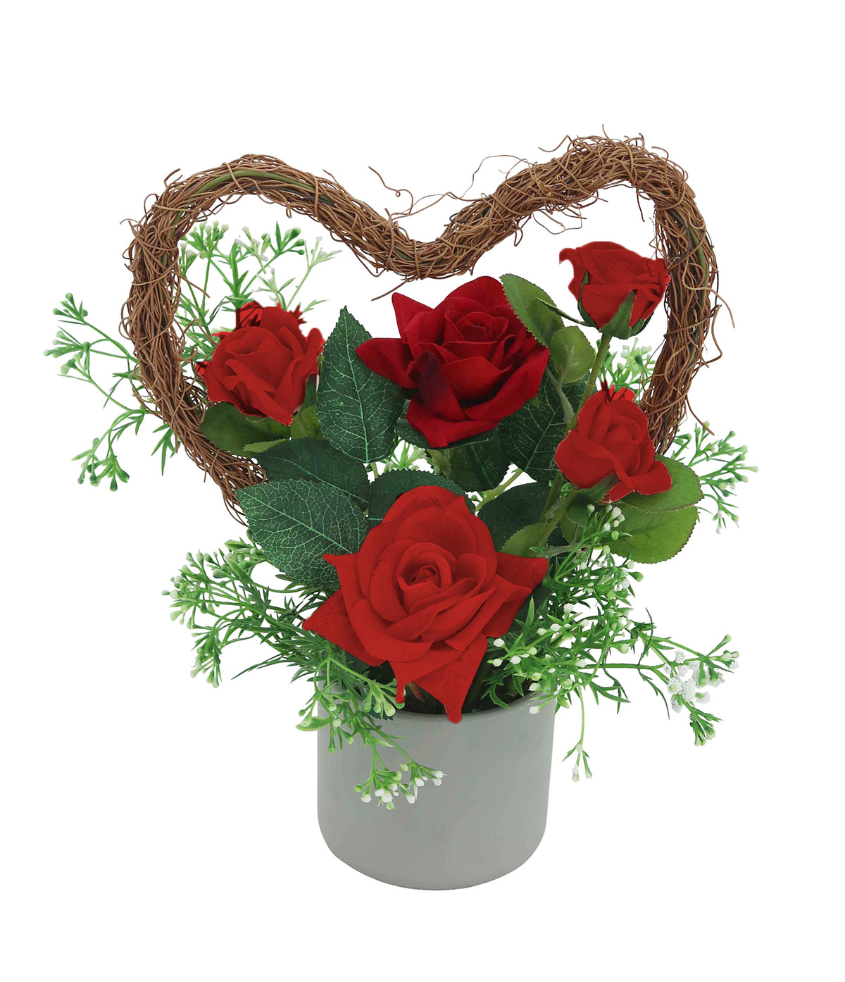 Cœur en rotin avec roses et feuillage, pot en ciment rouge – H. 31 cm