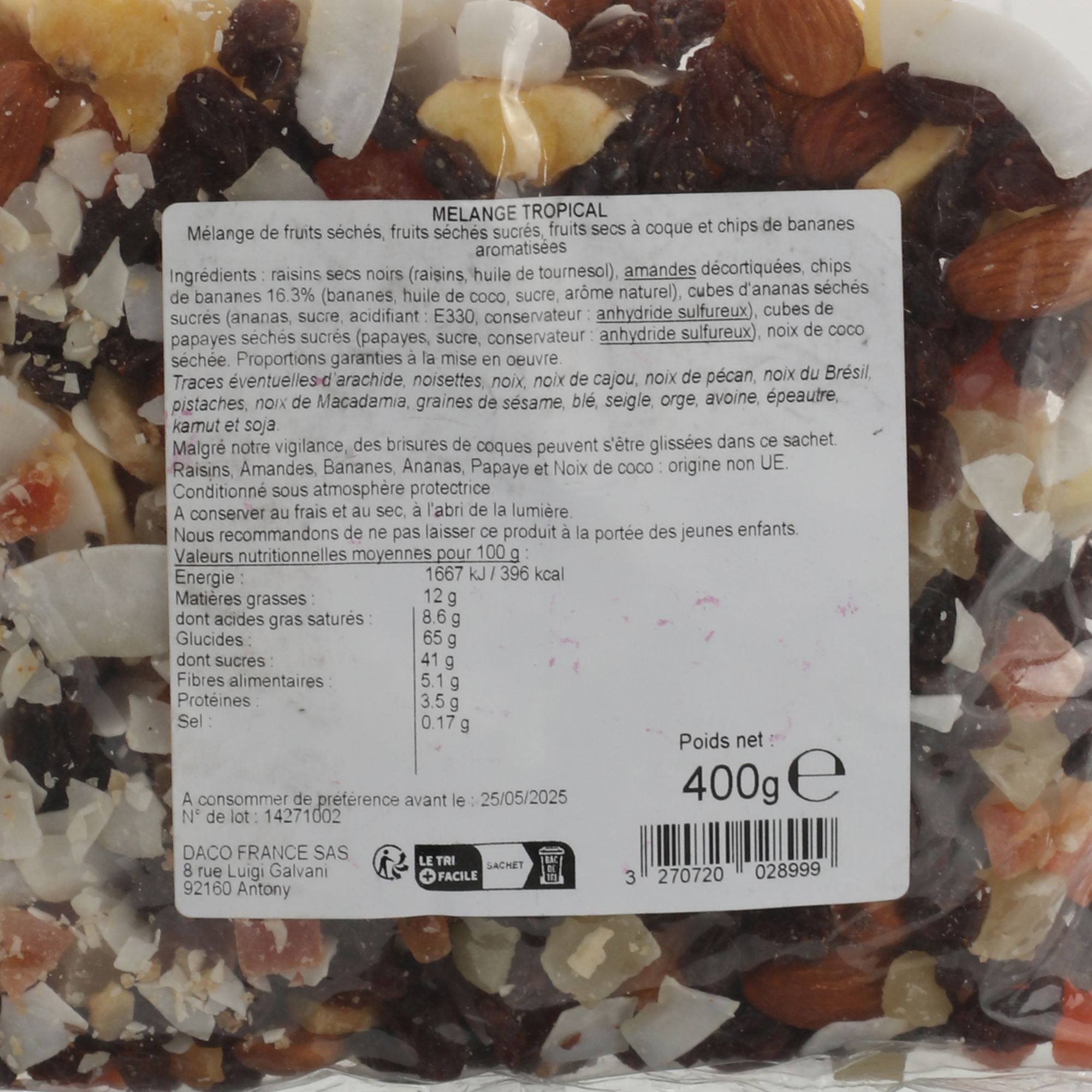 Sachet de fruits secs mélange tropical