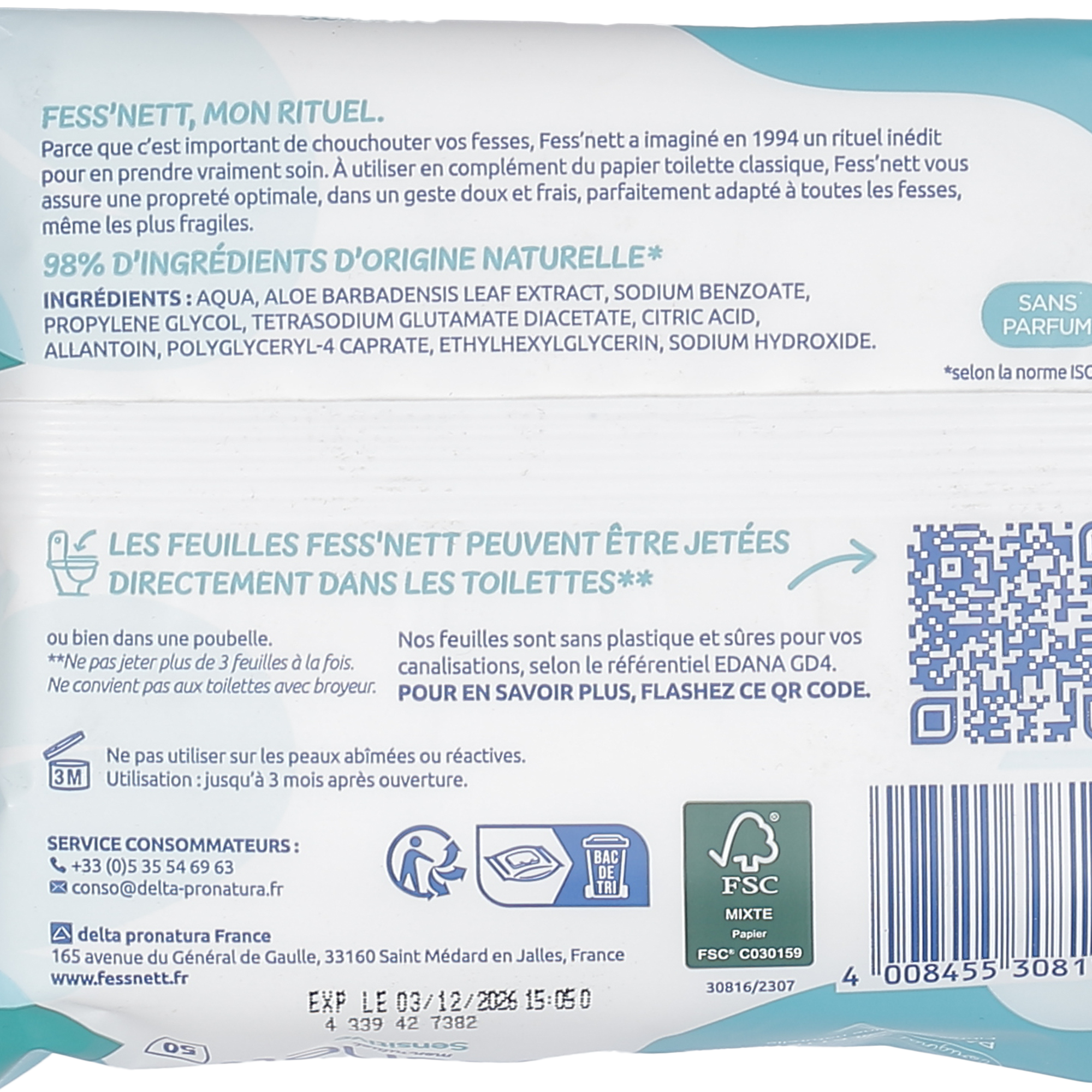 50 lingettes papier toilette humide sensitive