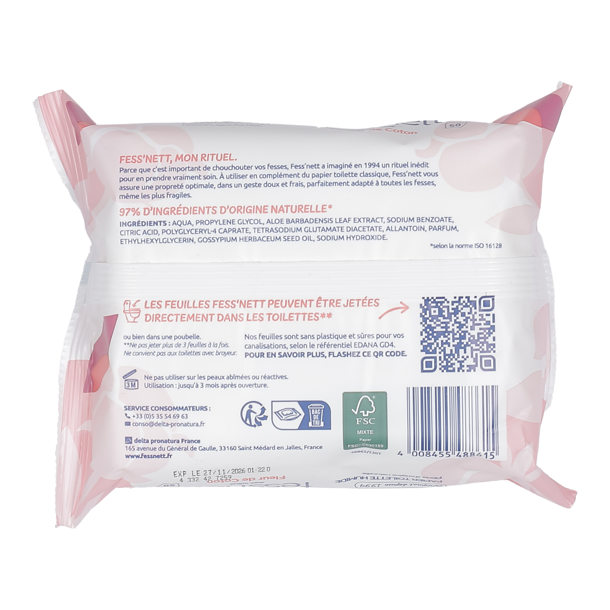 50 lingettes papier toilette humide fleur de coton