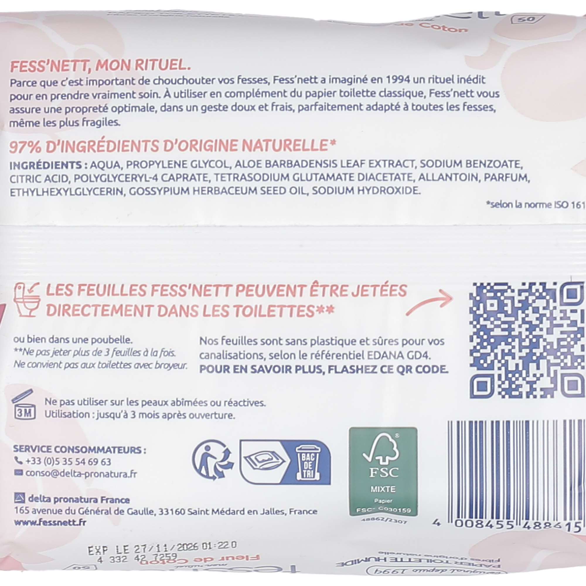 50 lingettes papier toilette humide fleur de coton