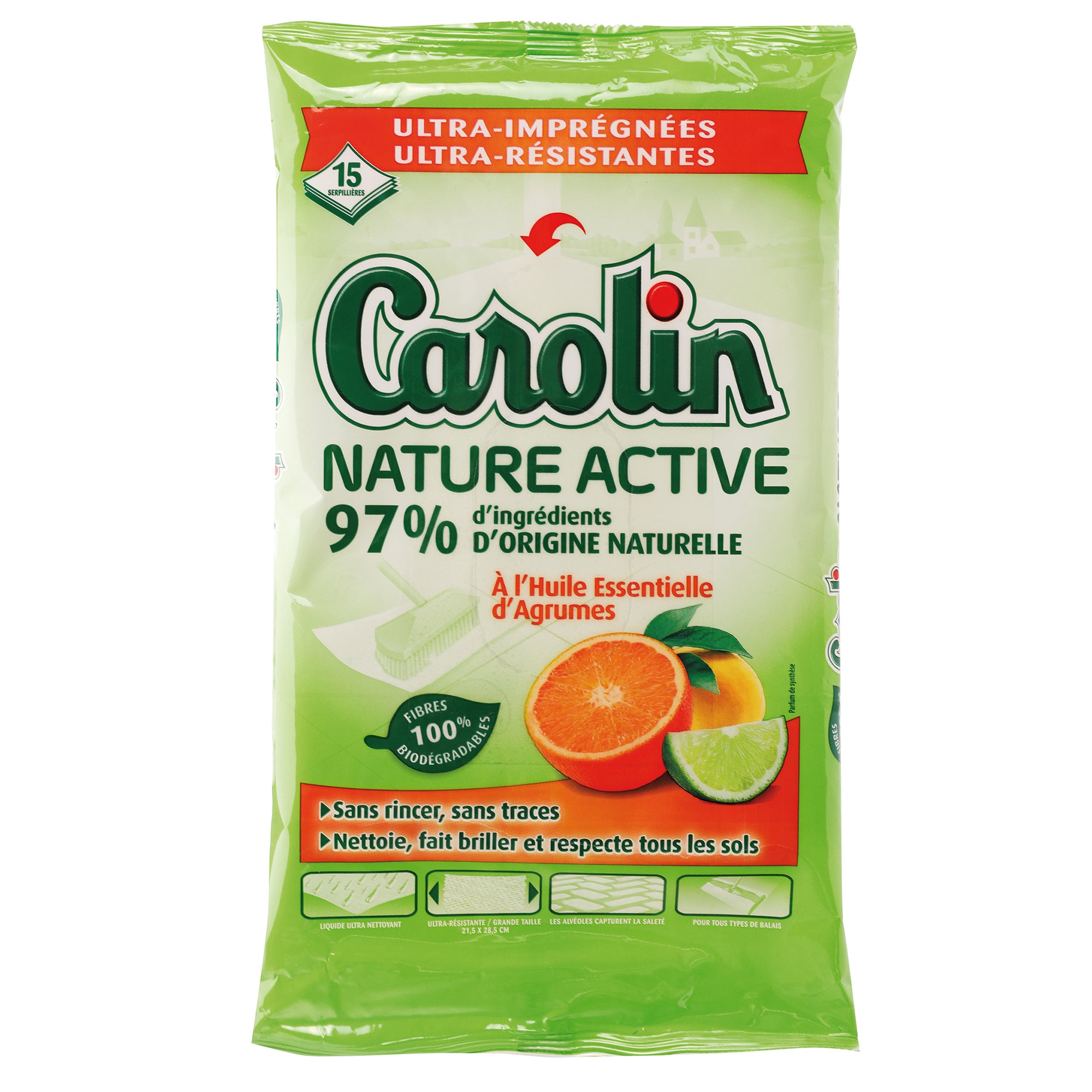 15 lingettes pour le sol nature active aux huiles essentielles d'agrumes