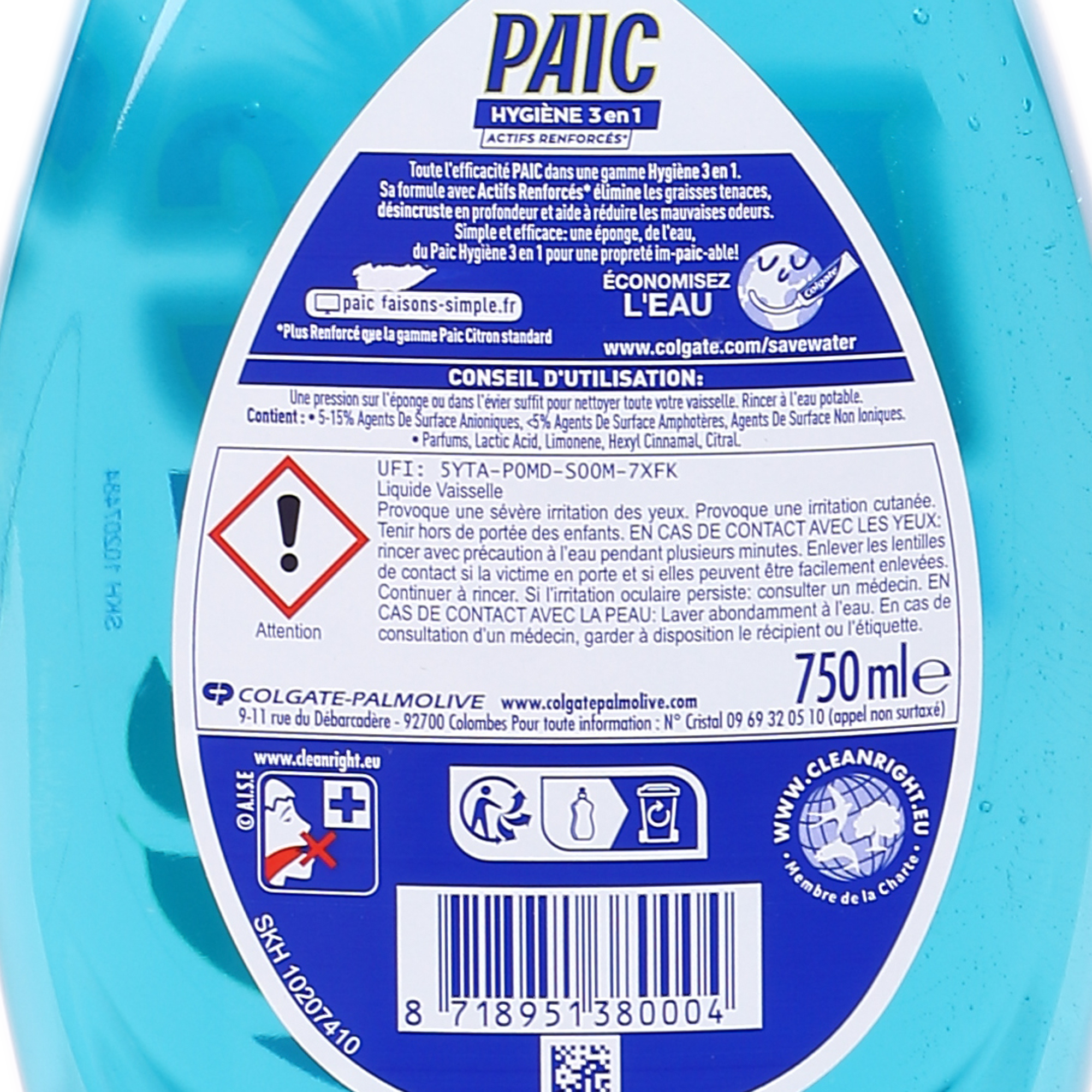 Liquide vaisselle hygiène 3 en 1 menthe
