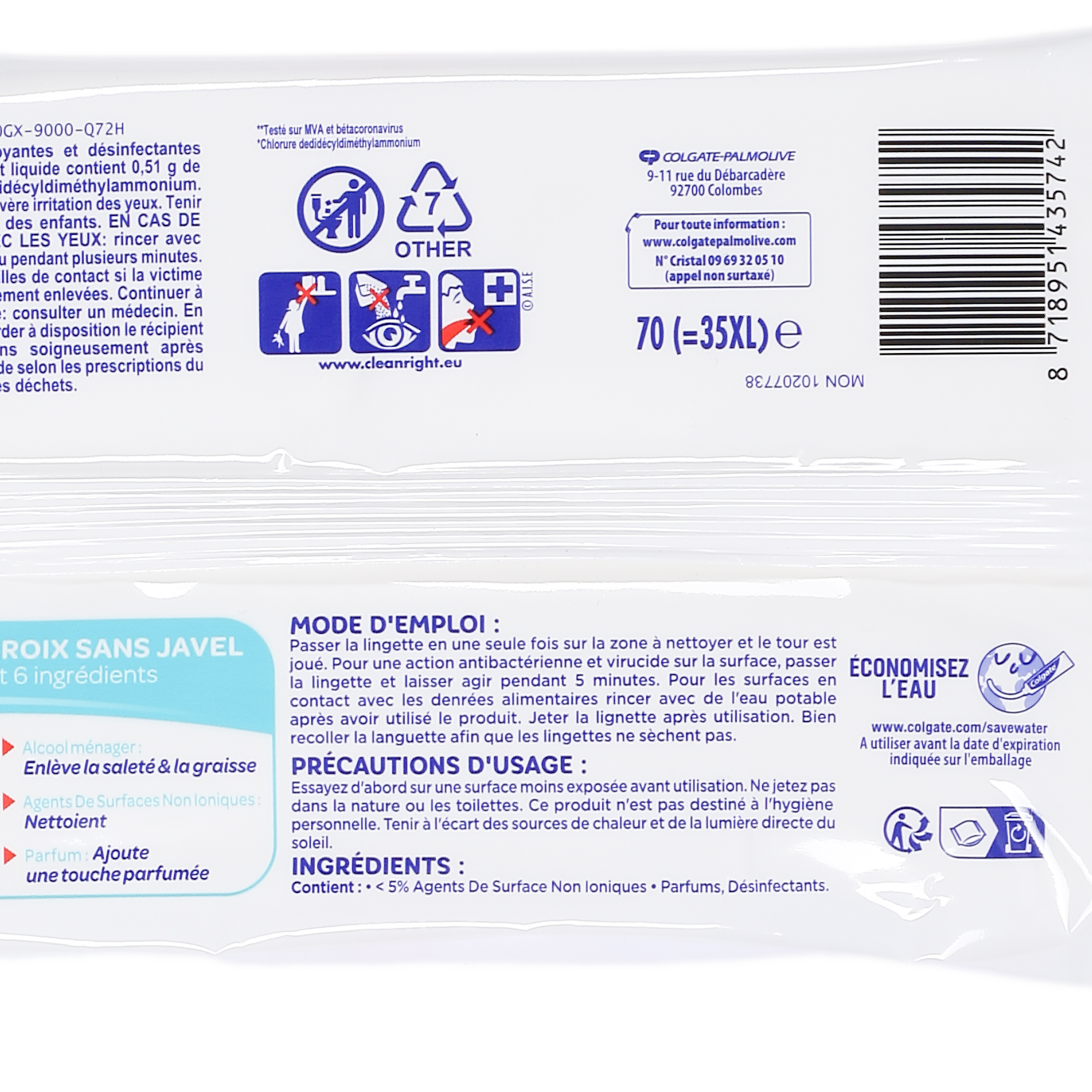 70 lingettes désinfectantes nettoyant sans javel cuisine