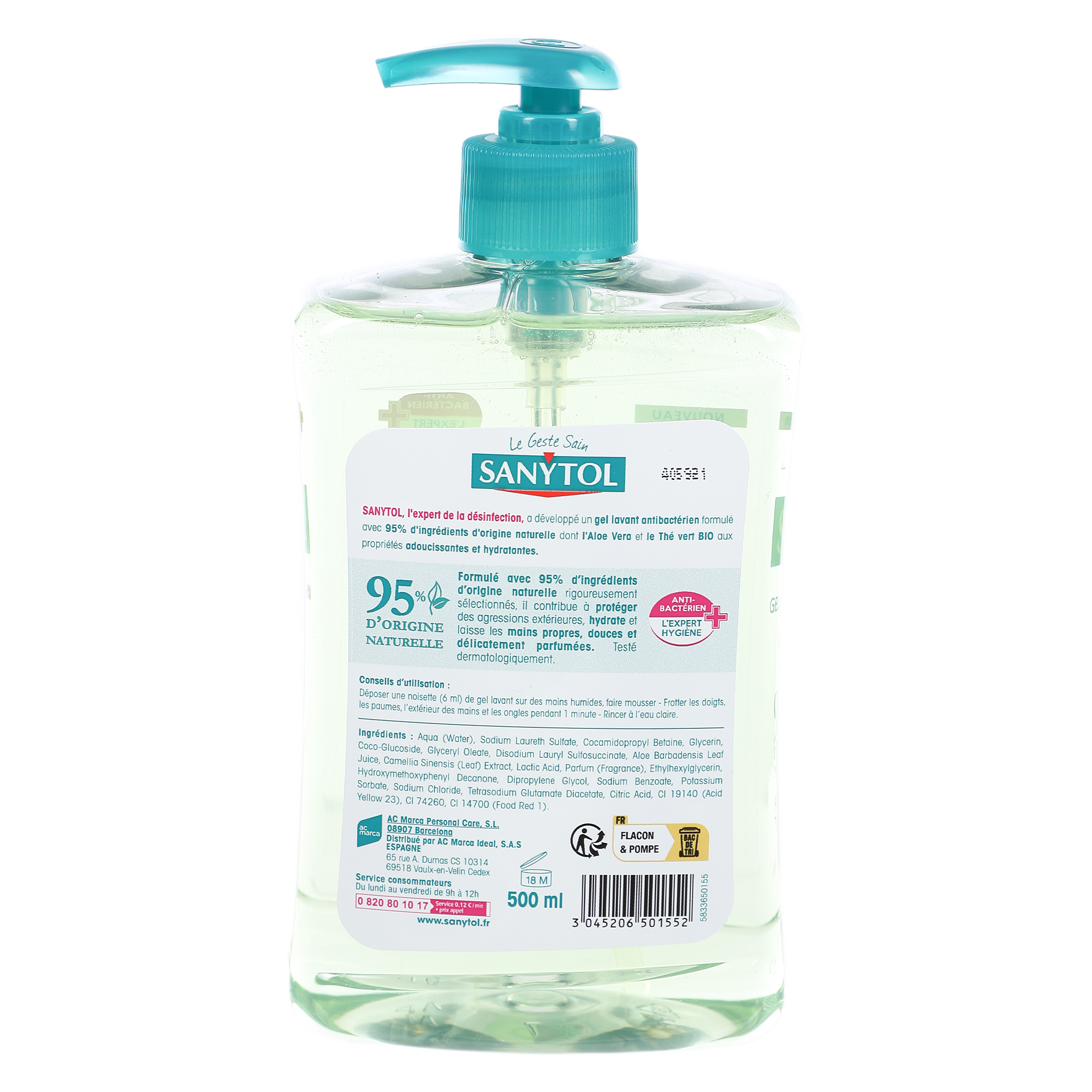 Gel lavant antibactérien hydratant aloe vera thé vert