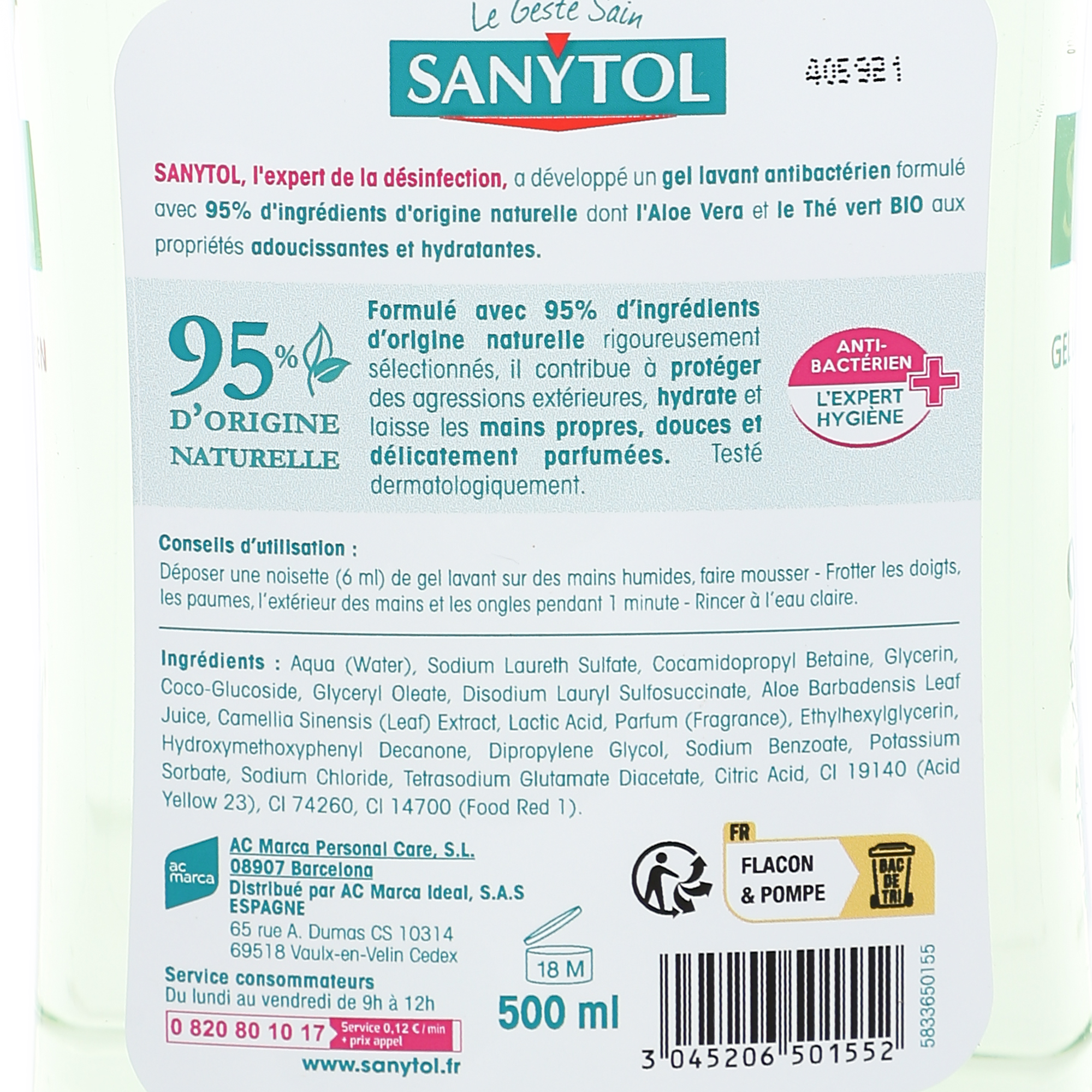 Gel lavant antibactérien hydratant aloe vera thé vert