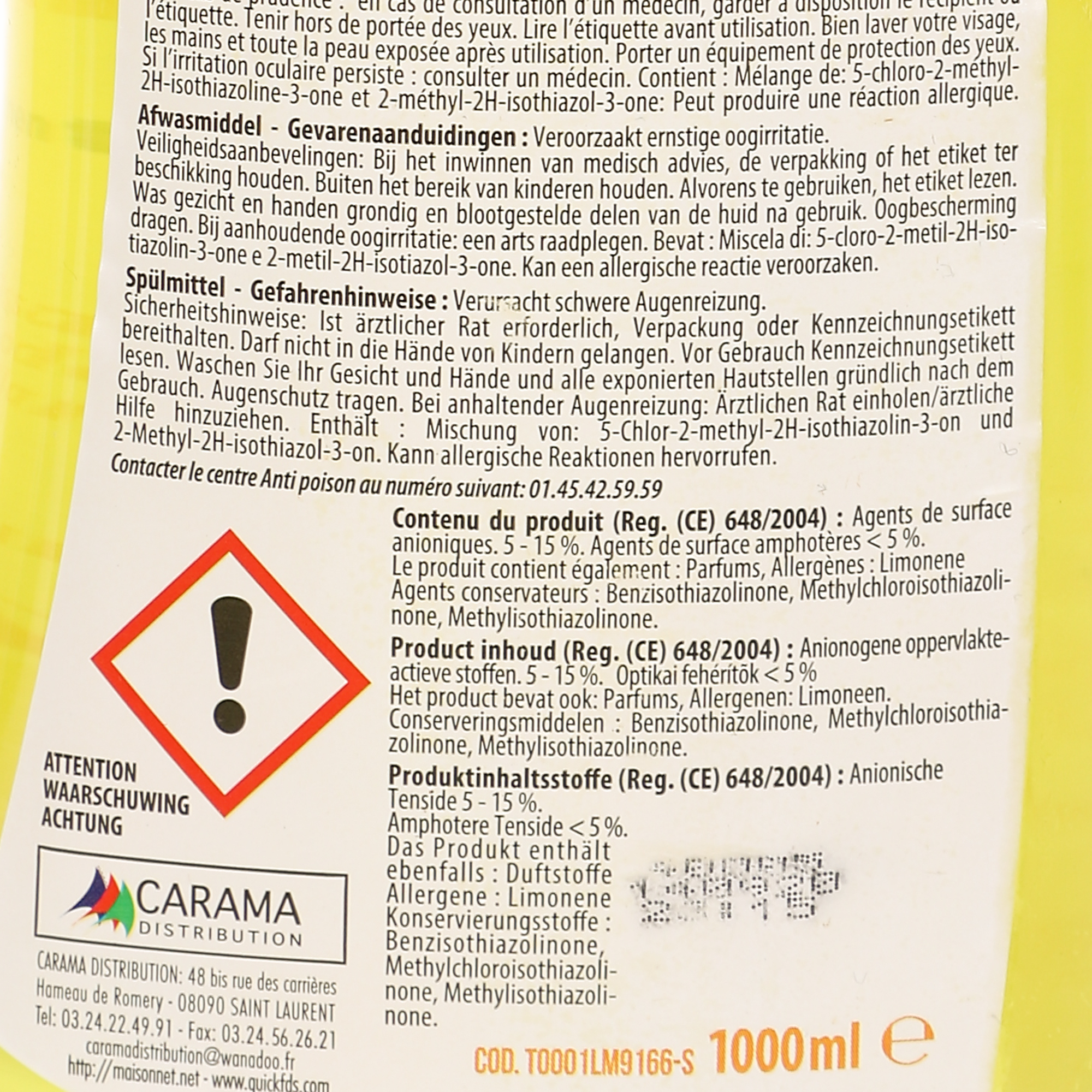 Liquide vaisselle concentré au bicarbonate