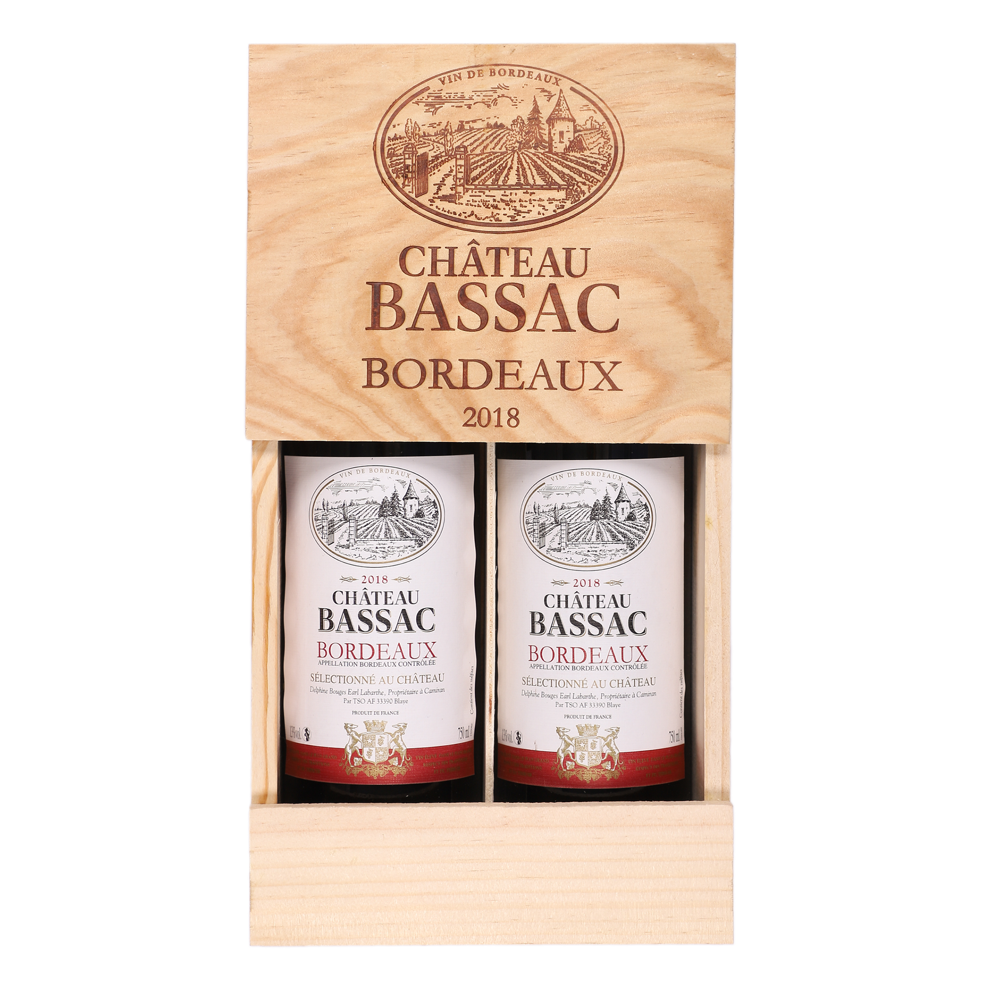 COFFRET BOIS 2 BOUTEILLES CHATEAU BASSAC BORDEAUX ROUGE